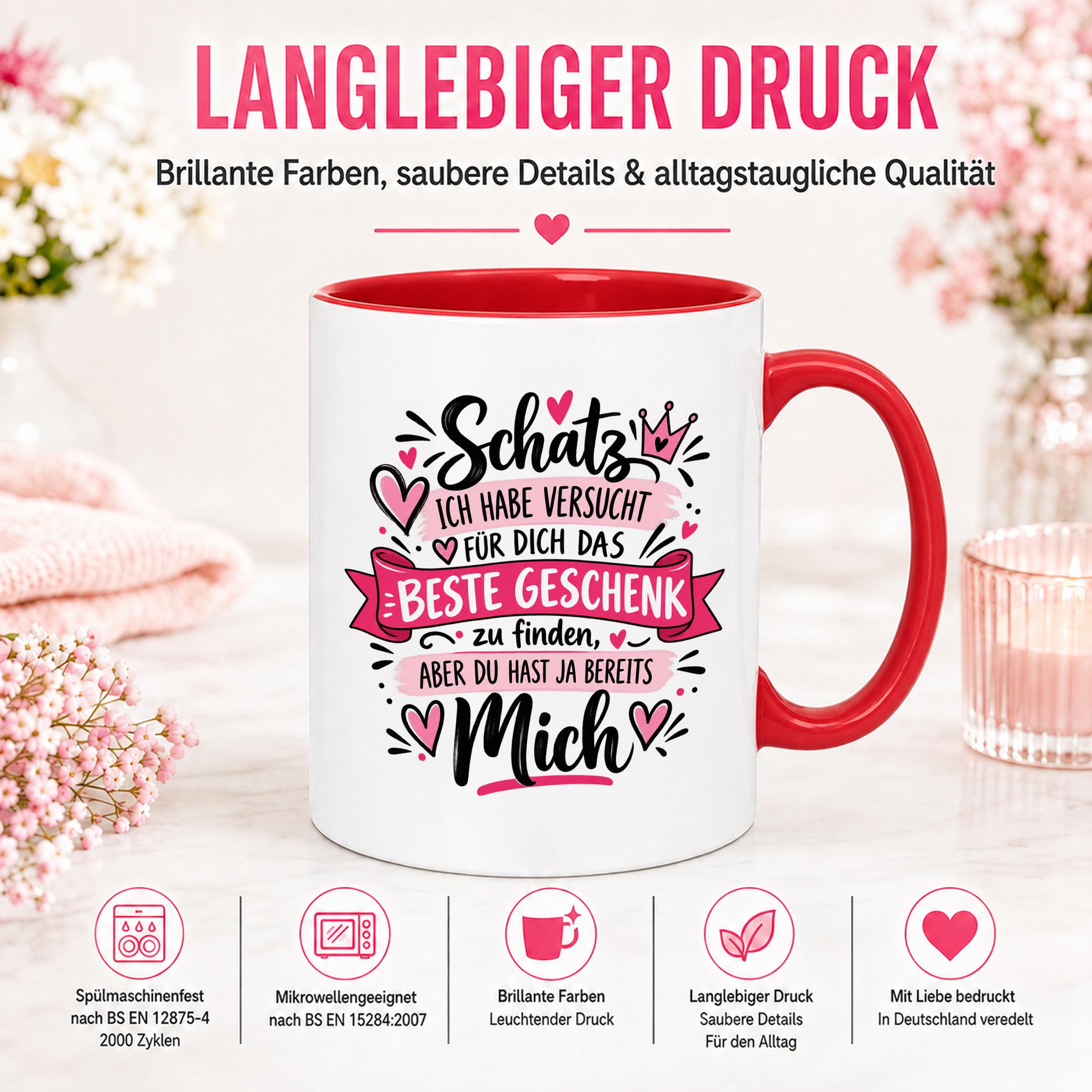 Herzbotschaft Tasse Schatz mit Spruch Das perfekte Geschenk Partner