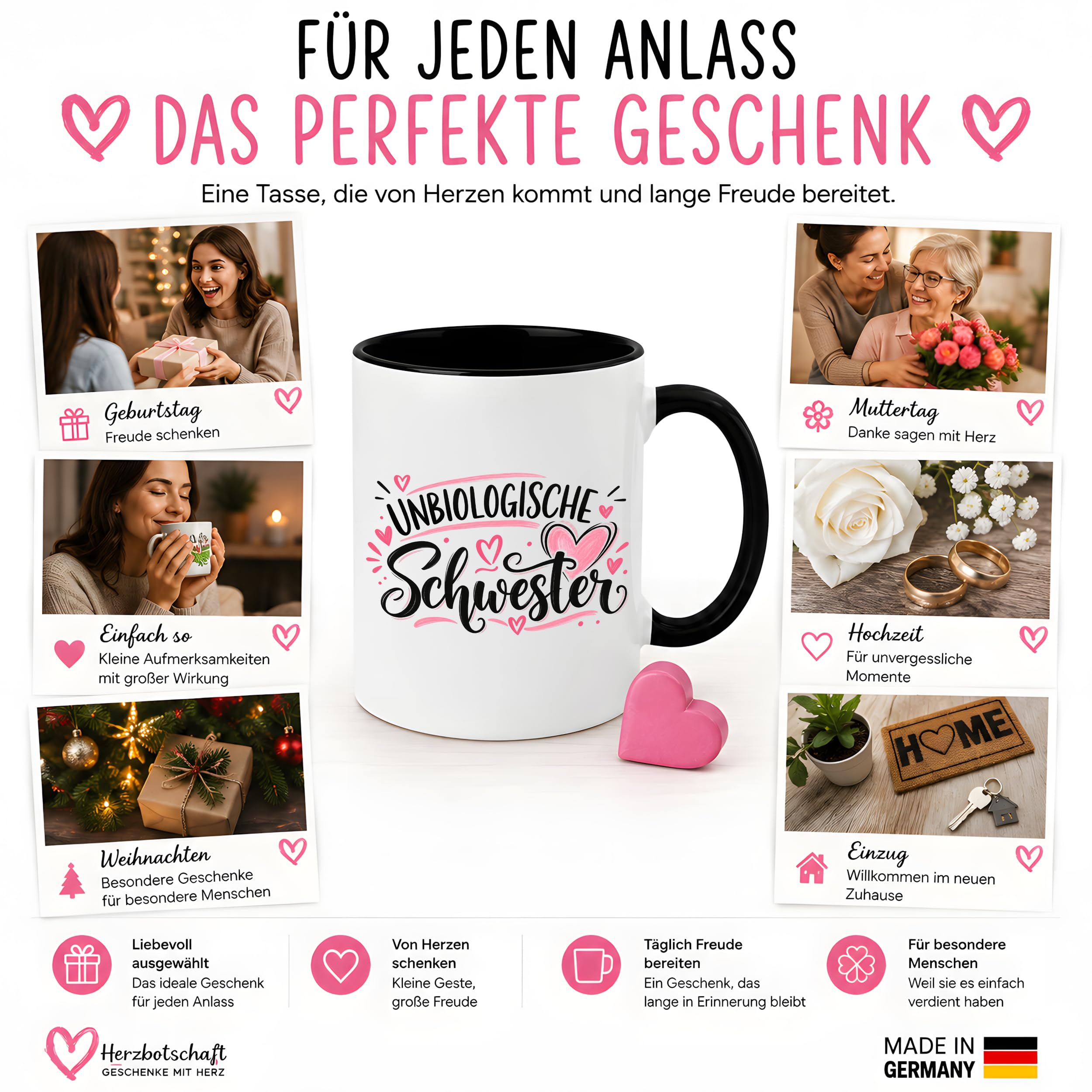 Herzbotschaft Tasse für beste Freundin Kaffeetasse Unbiologische Schwester