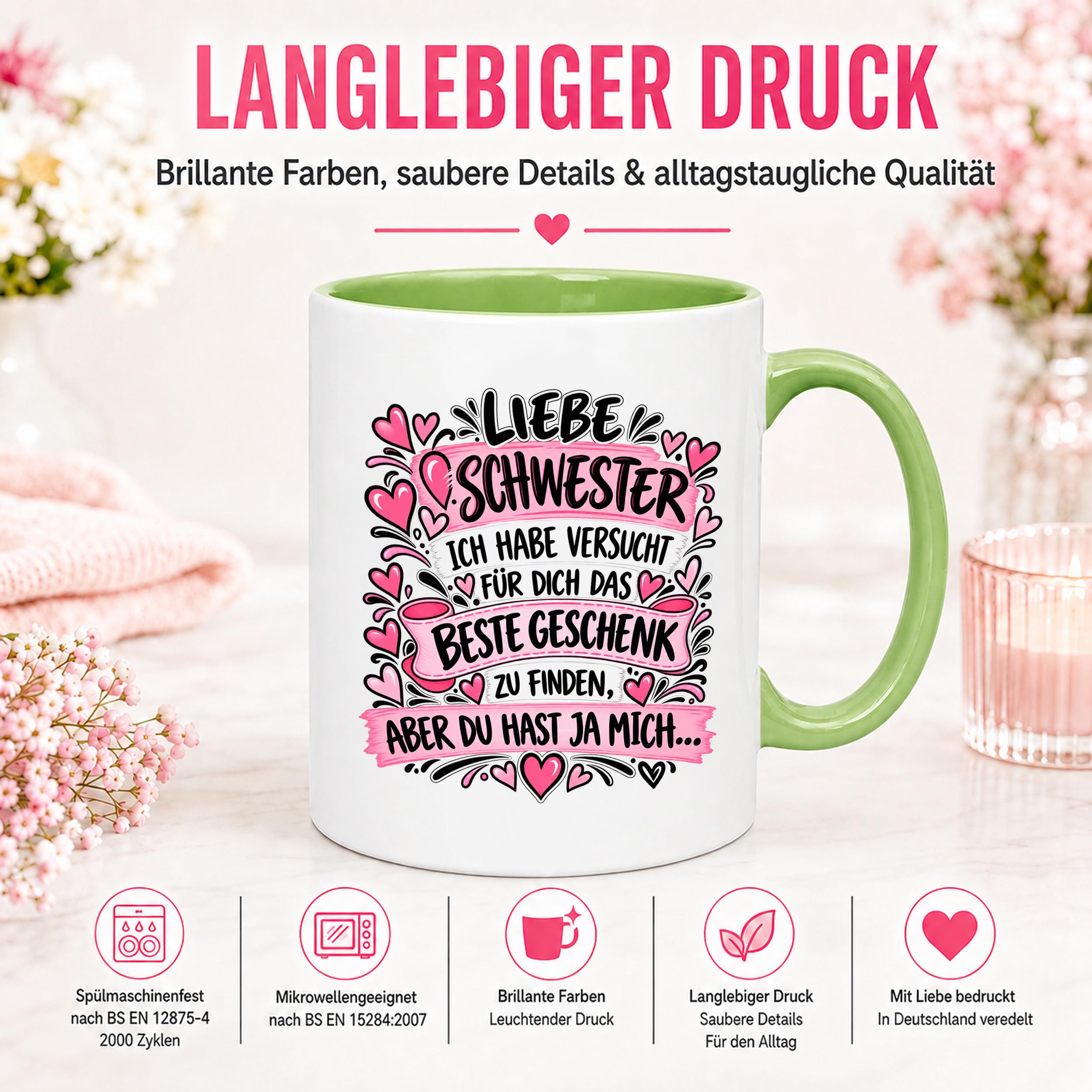 Herzbotschaft Tasse Geschenk Beste Schwester Kaffeetasse Geschwister