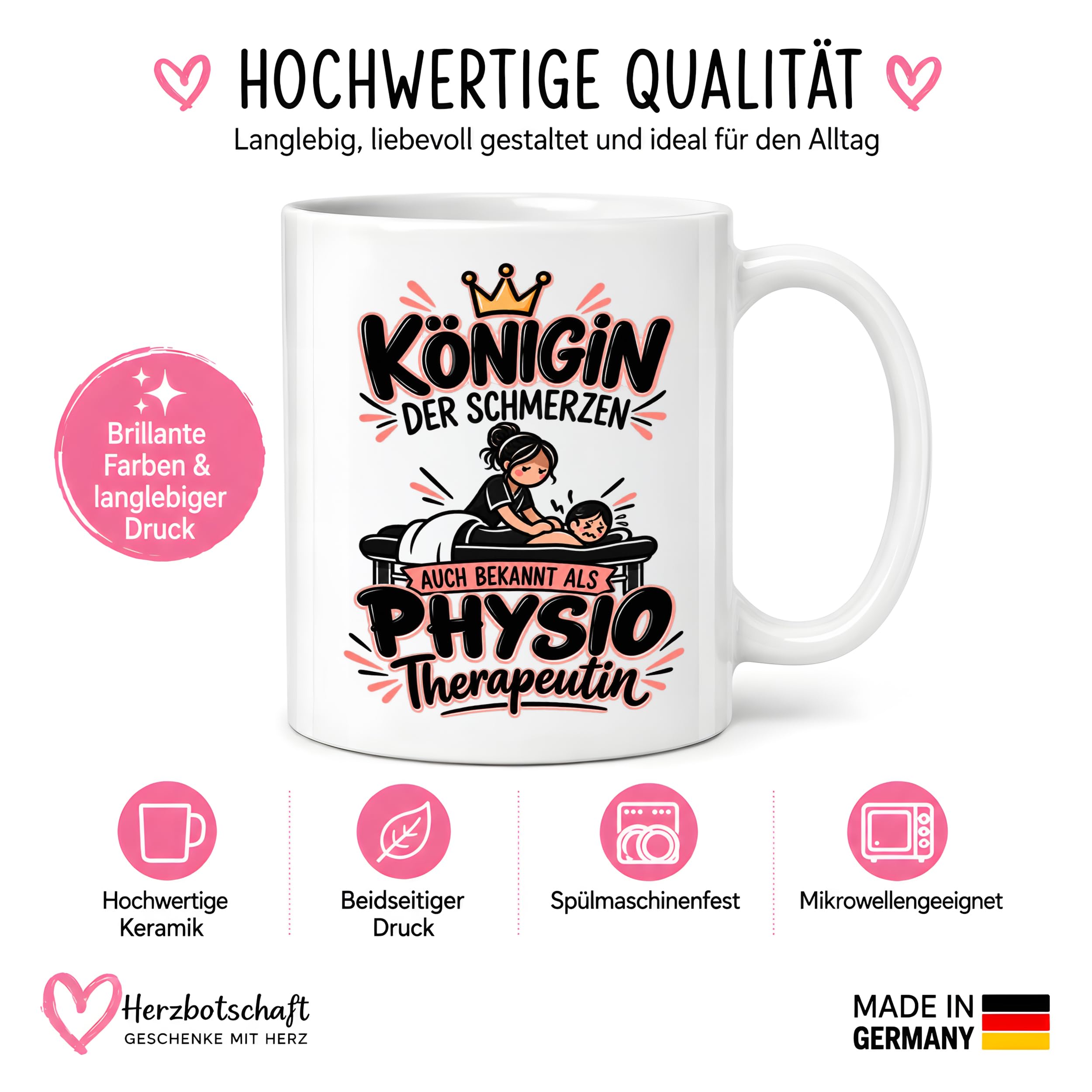 Herzbotschaft Tasse Physiotherapeutin Königin der Schmerzen Kaffeetasse