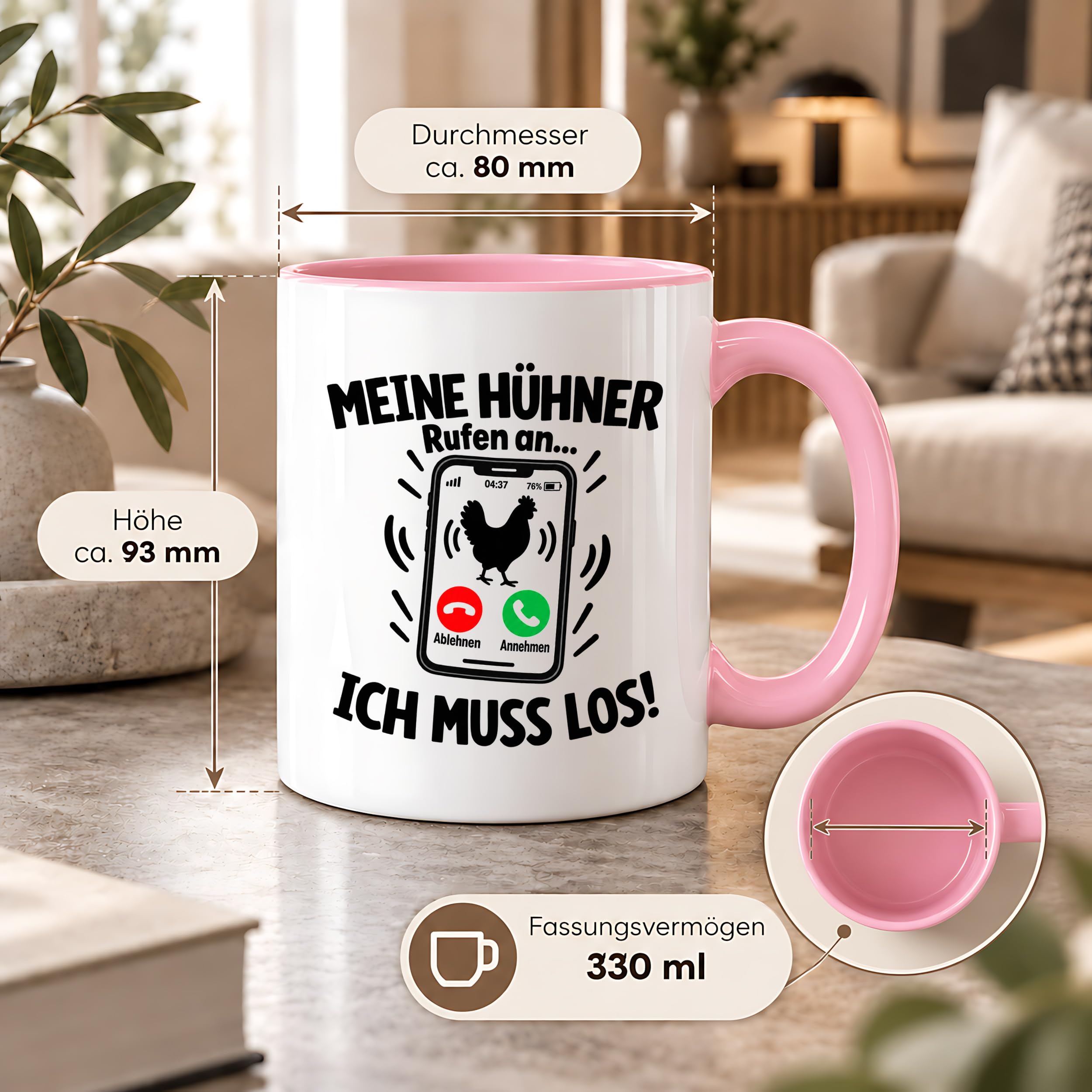 Herzbotschaft Kaffeetasse Meine Hühner rufen an ich muss los Tasse Geschenk