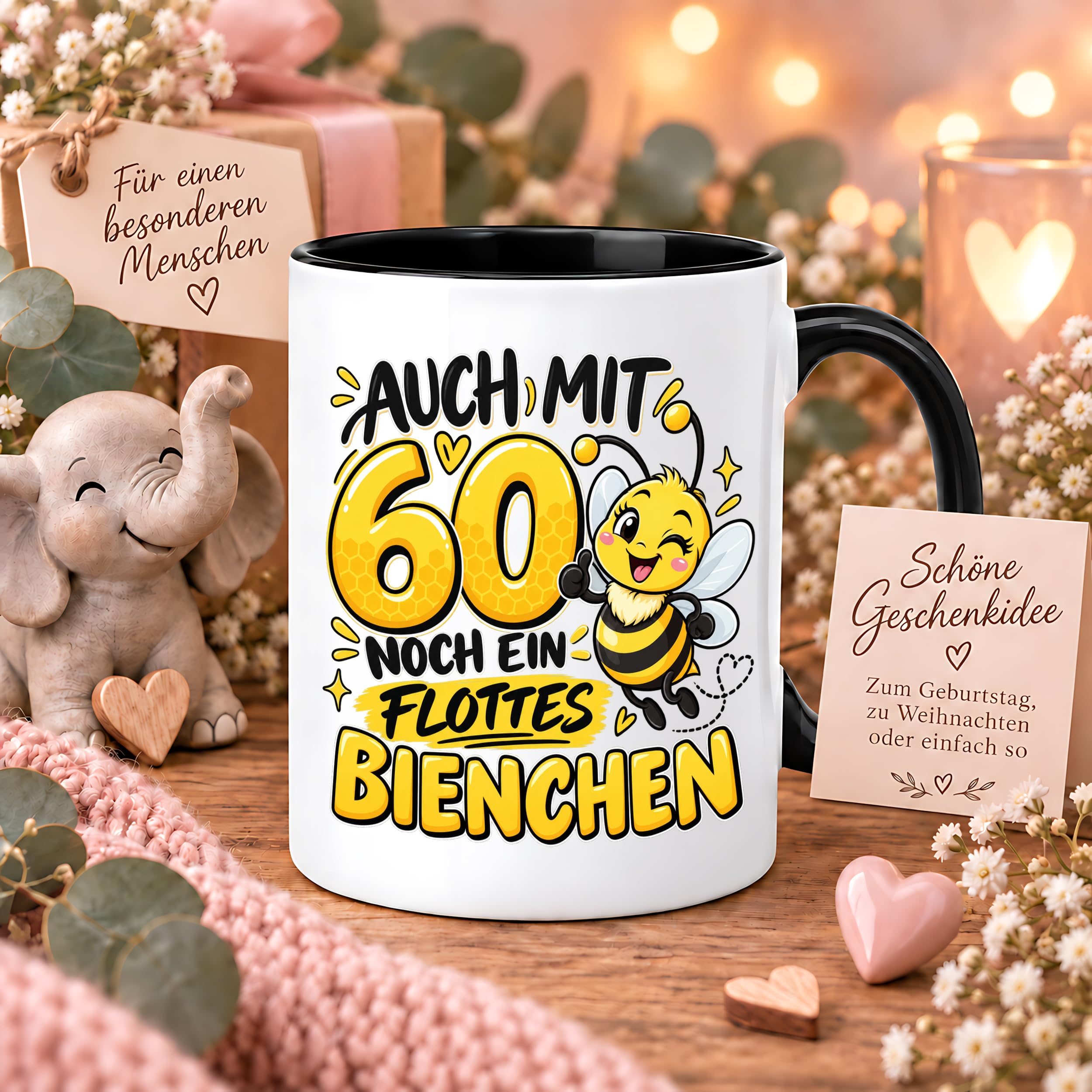 Herzbotschaft Tasse 60. Geburtstag Flottes Bienchen Geschenk für Frau