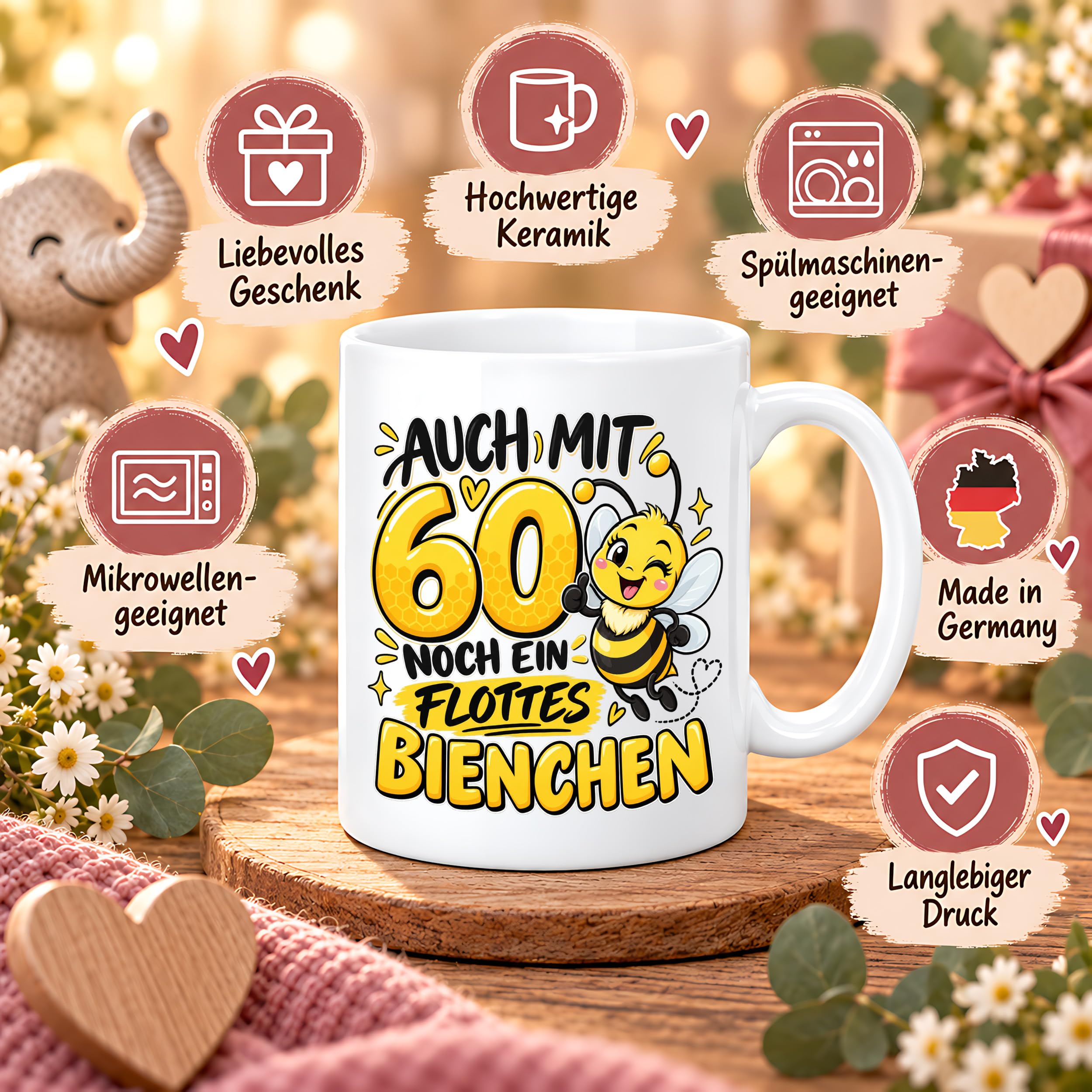 Herzbotschaft Tasse 60. Geburtstag Flottes Bienchen Geschenk für Frau