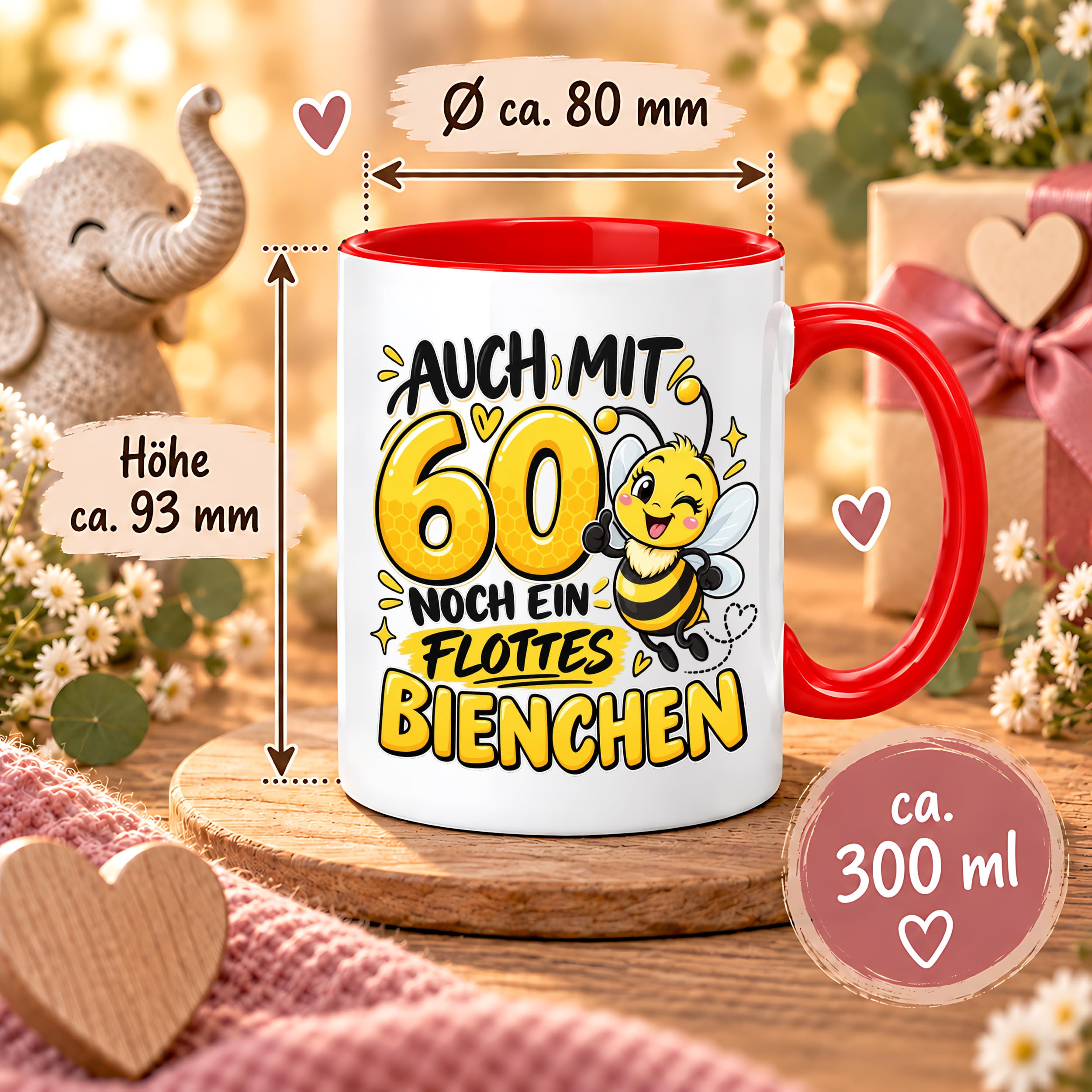 Herzbotschaft Tasse 60. Geburtstag Flottes Bienchen Geschenk für Frau