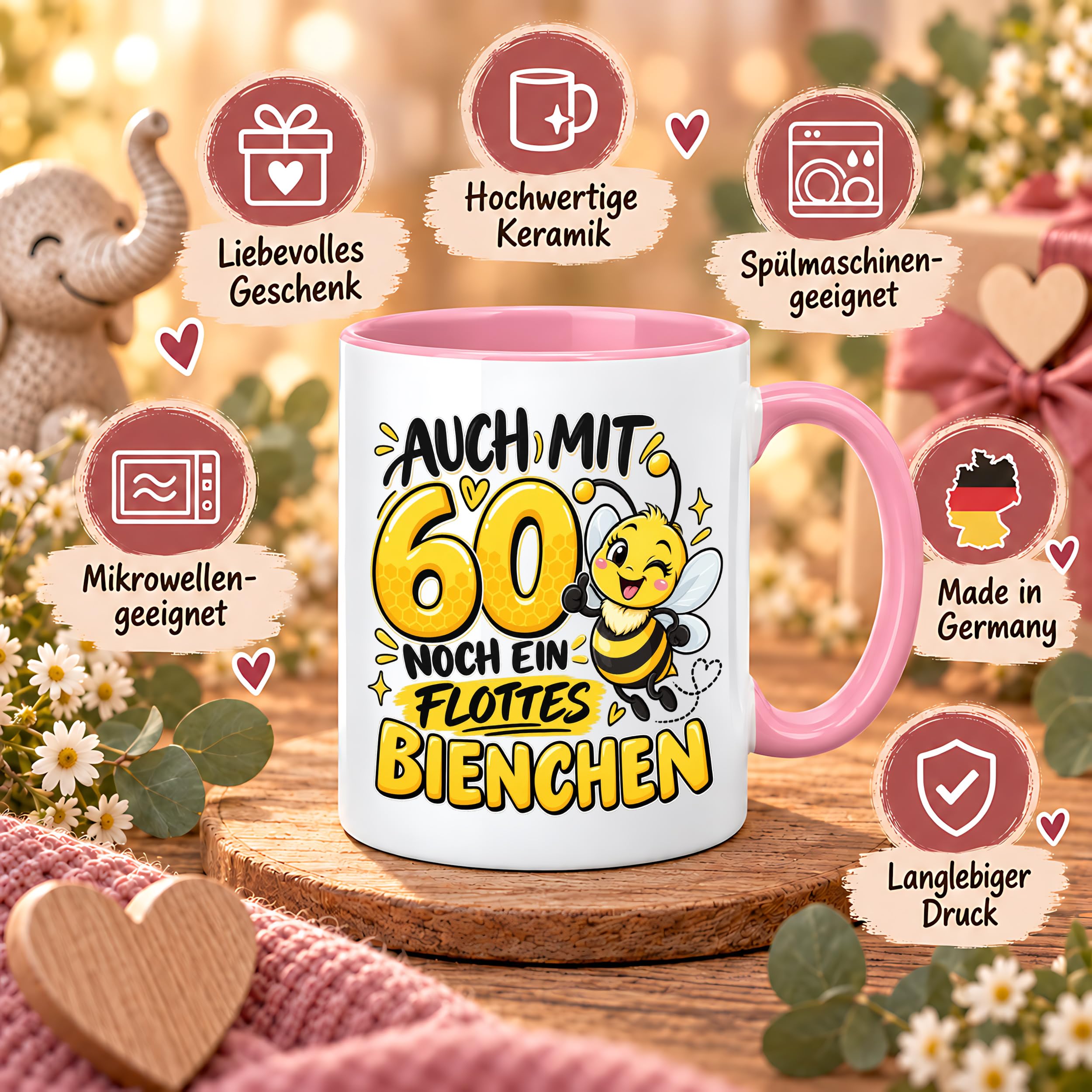 Herzbotschaft Tasse 60. Geburtstag Flottes Bienchen Geschenk für Frau