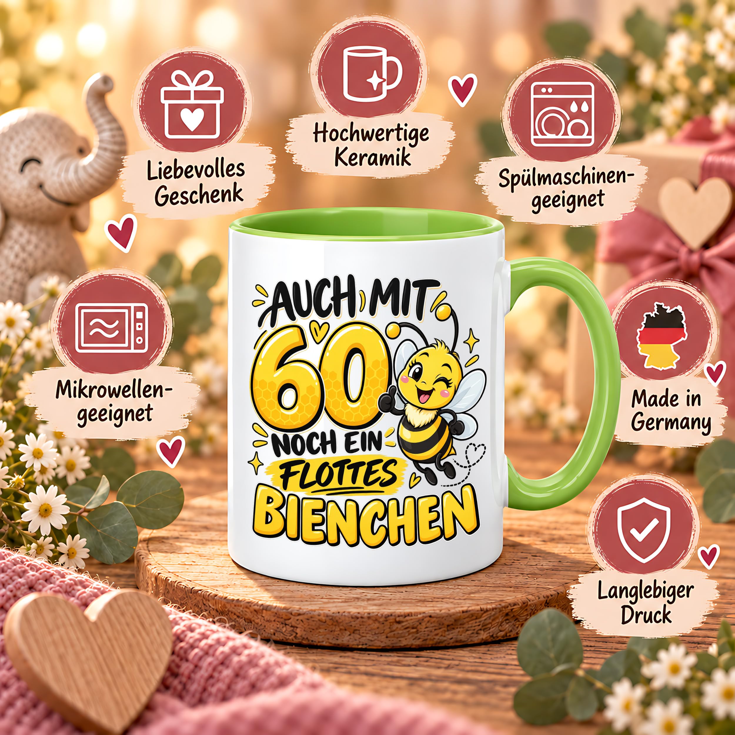 Herzbotschaft Tasse 60. Geburtstag Flottes Bienchen Geschenk für Frau