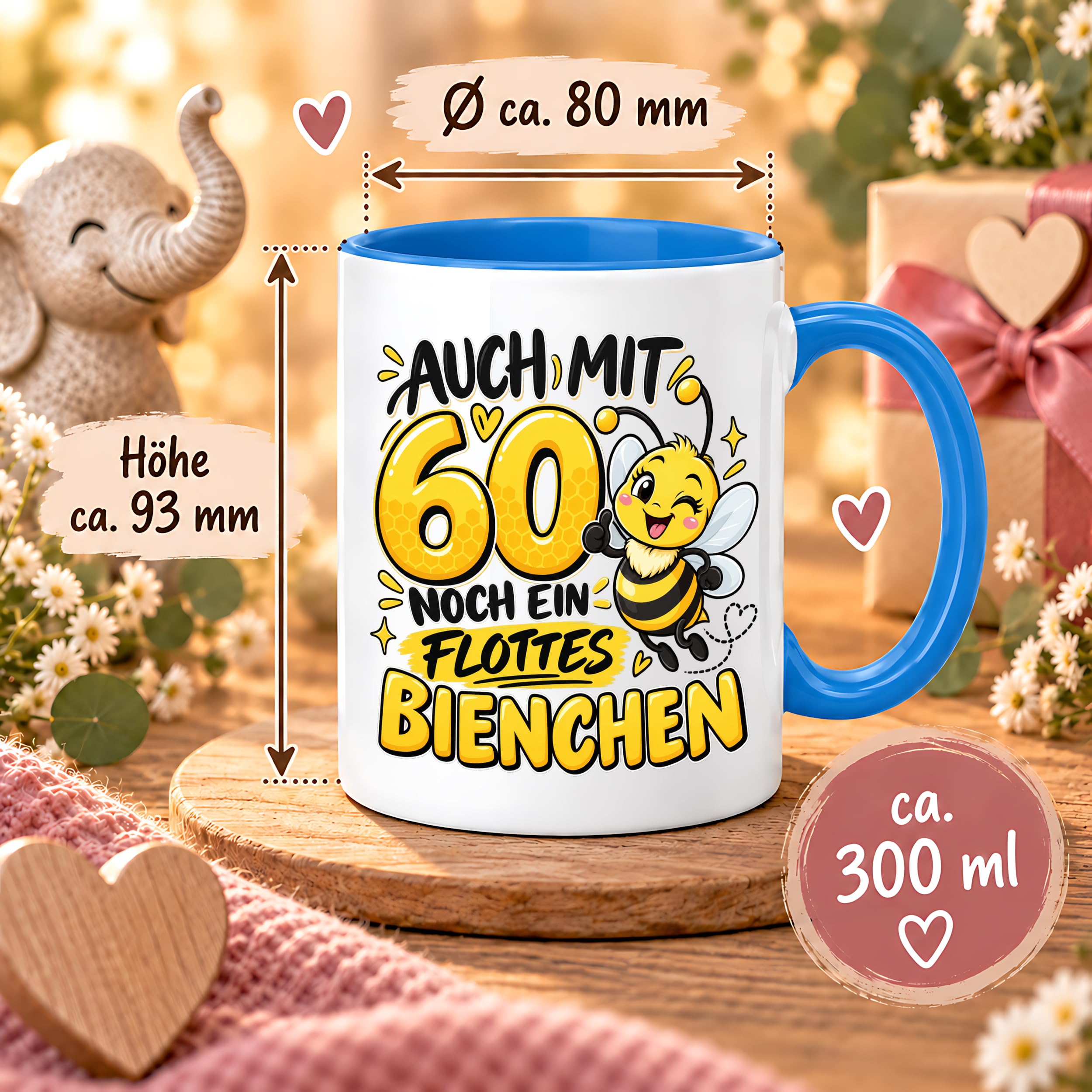 Herzbotschaft Tasse 60. Geburtstag Flottes Bienchen Geschenk für Frau