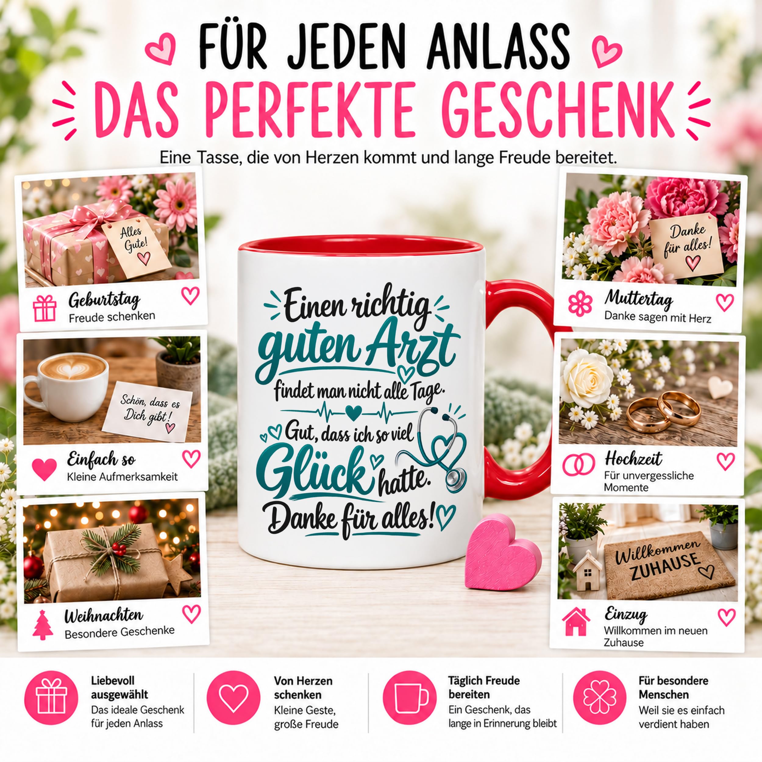 Herzbotschaft Tasse Kaffeetasse für Ärzte - Danke Geschenk für guten Arzt