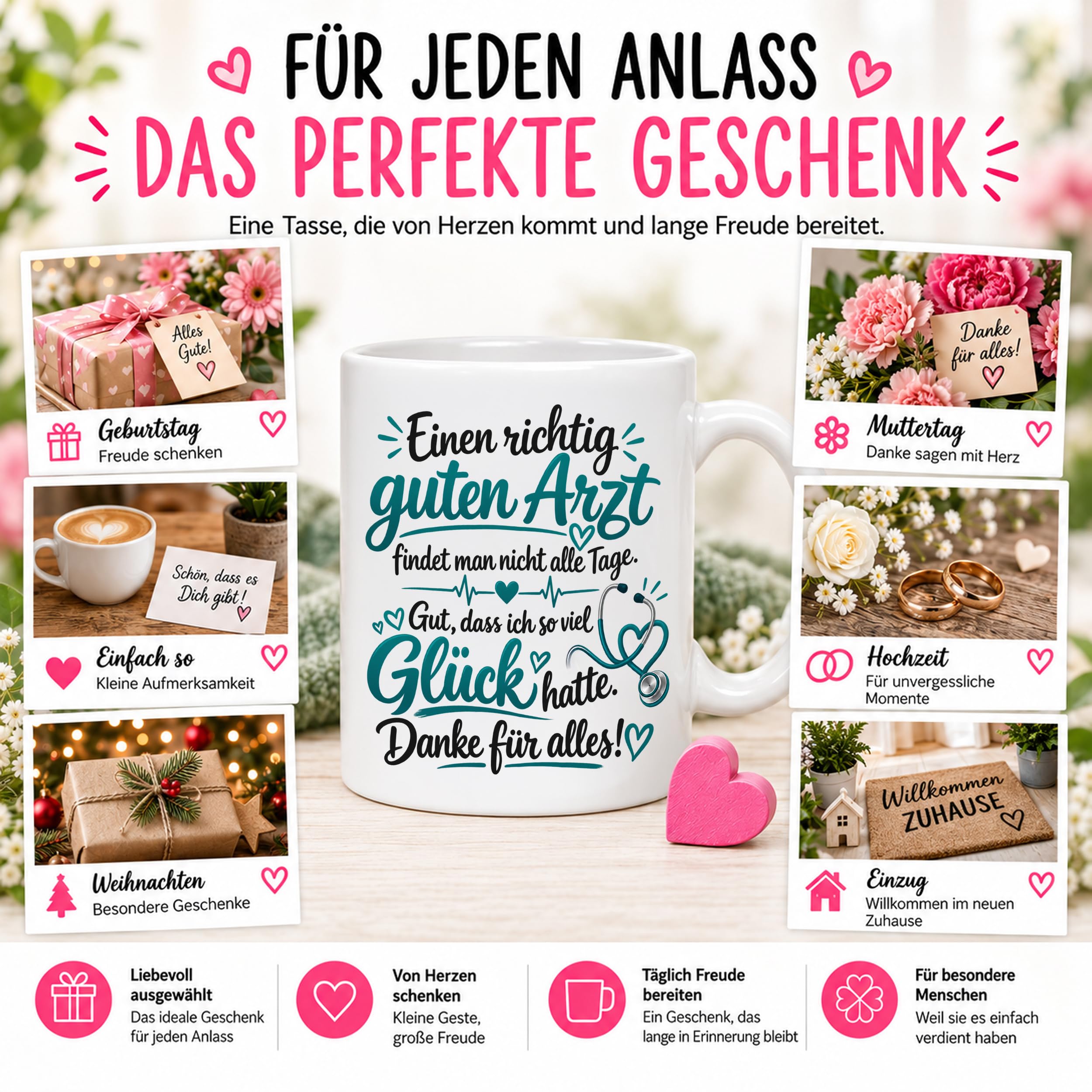 Herzbotschaft Tasse Kaffeetasse für Ärzte - Danke Geschenk für guten Arzt