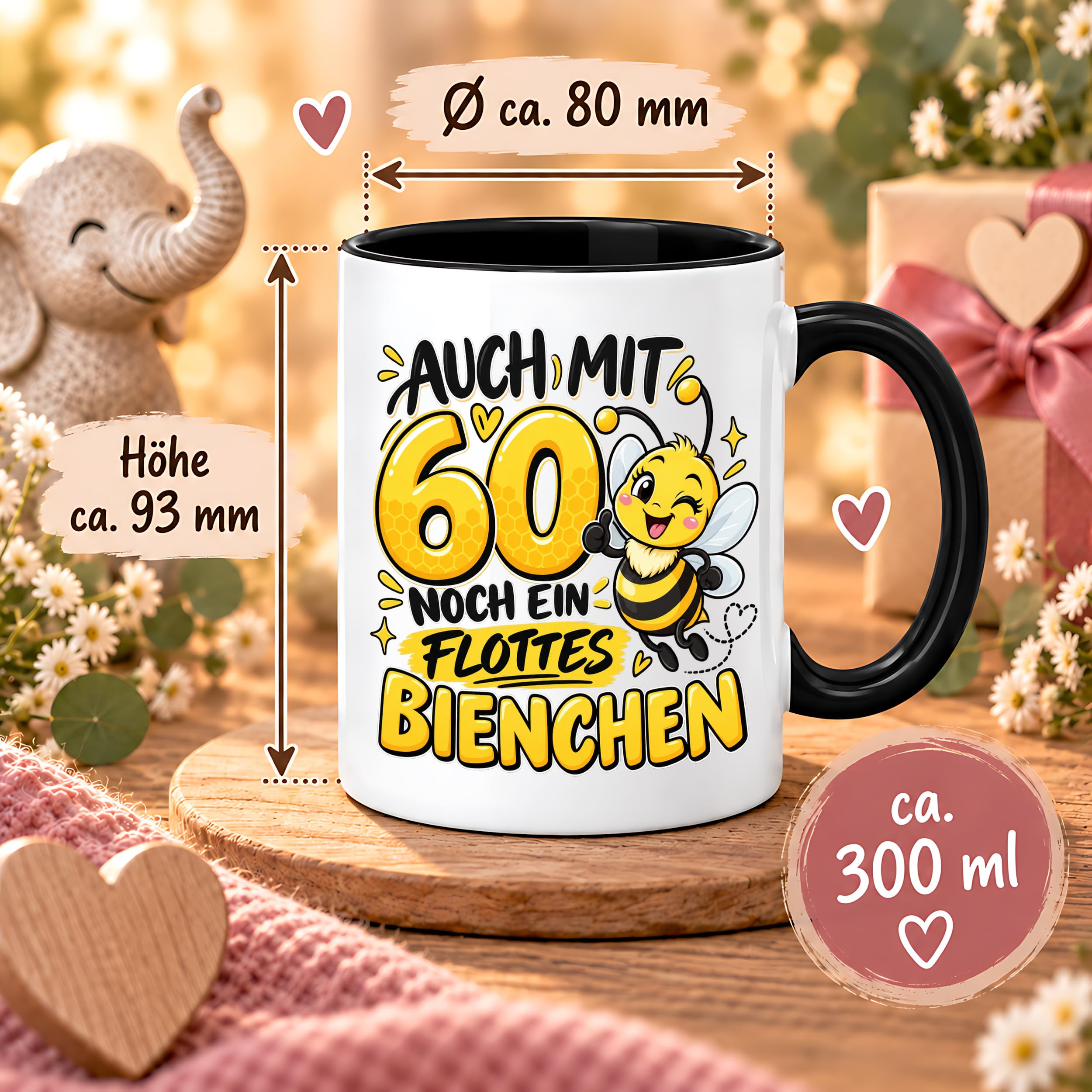 Herzbotschaft Tasse 60. Geburtstag Flottes Bienchen Geschenk für Frau