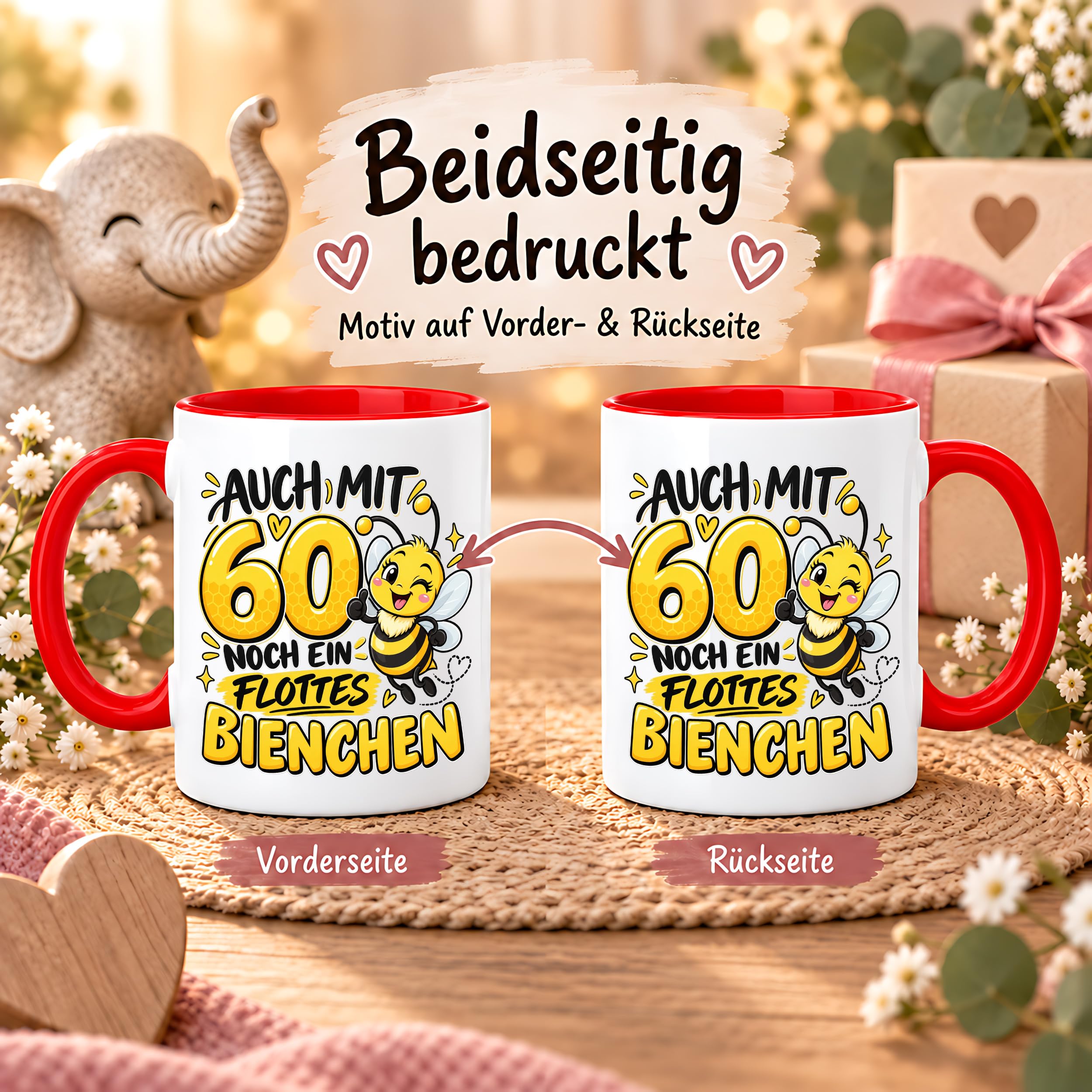 Herzbotschaft Tasse 60. Geburtstag Flottes Bienchen Geschenk für Frau