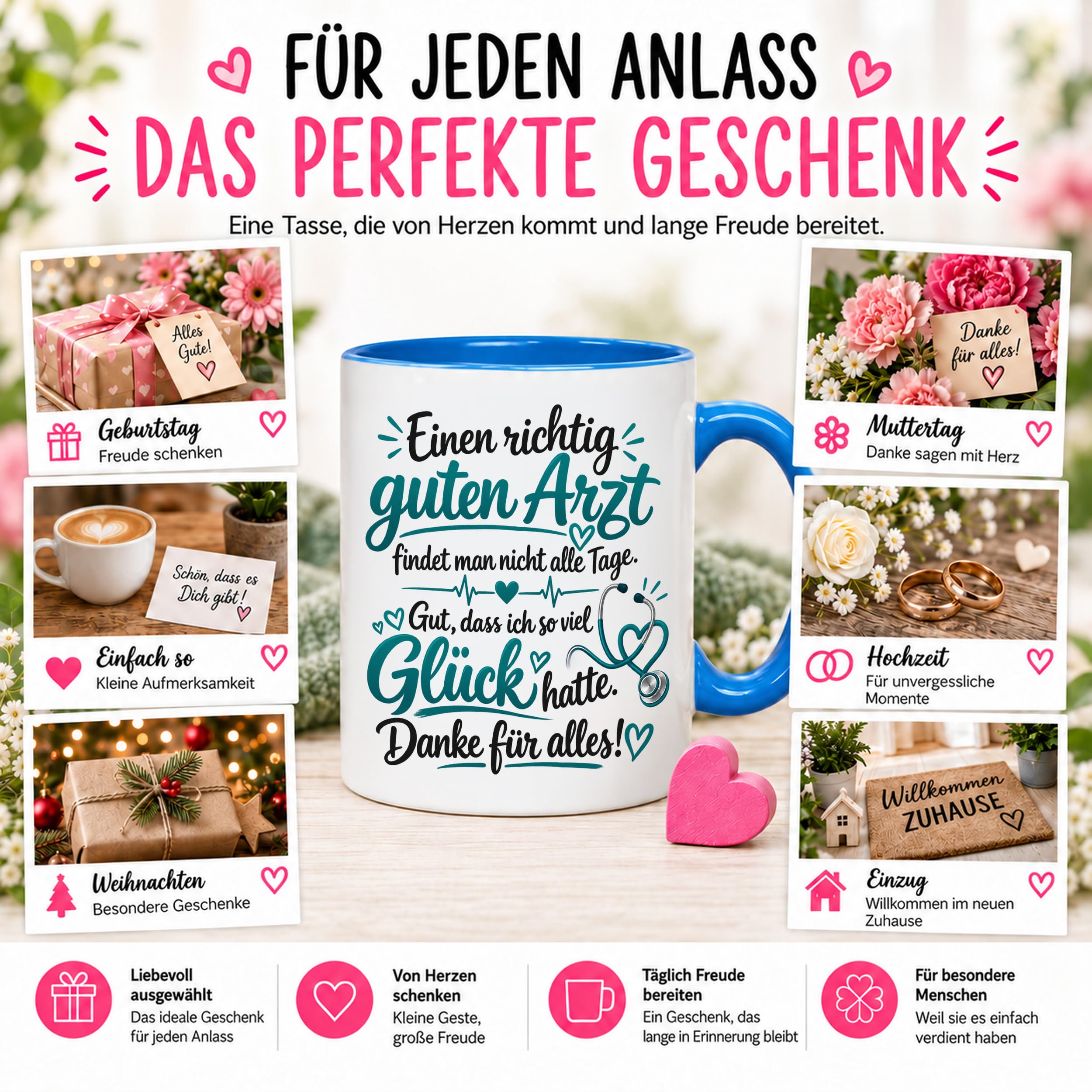 Herzbotschaft Tasse Kaffeetasse für Ärzte - Danke Geschenk für guten Arzt