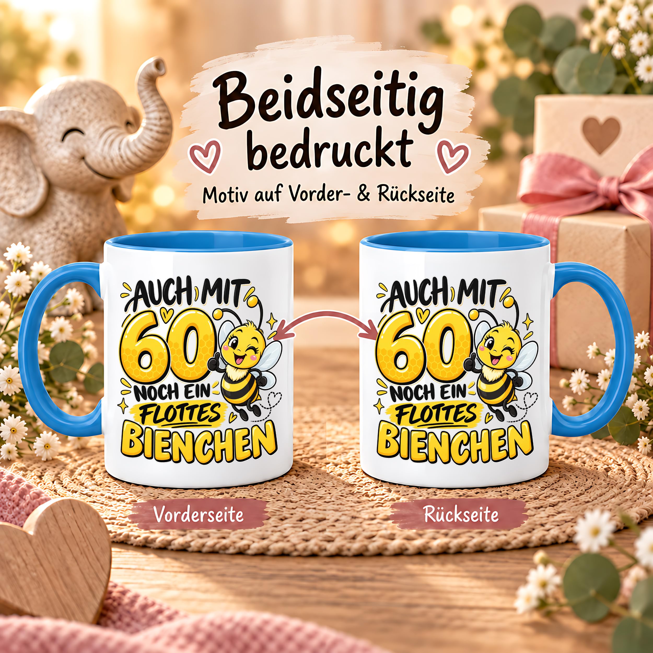 Herzbotschaft Tasse 60. Geburtstag Flottes Bienchen Geschenk für Frau