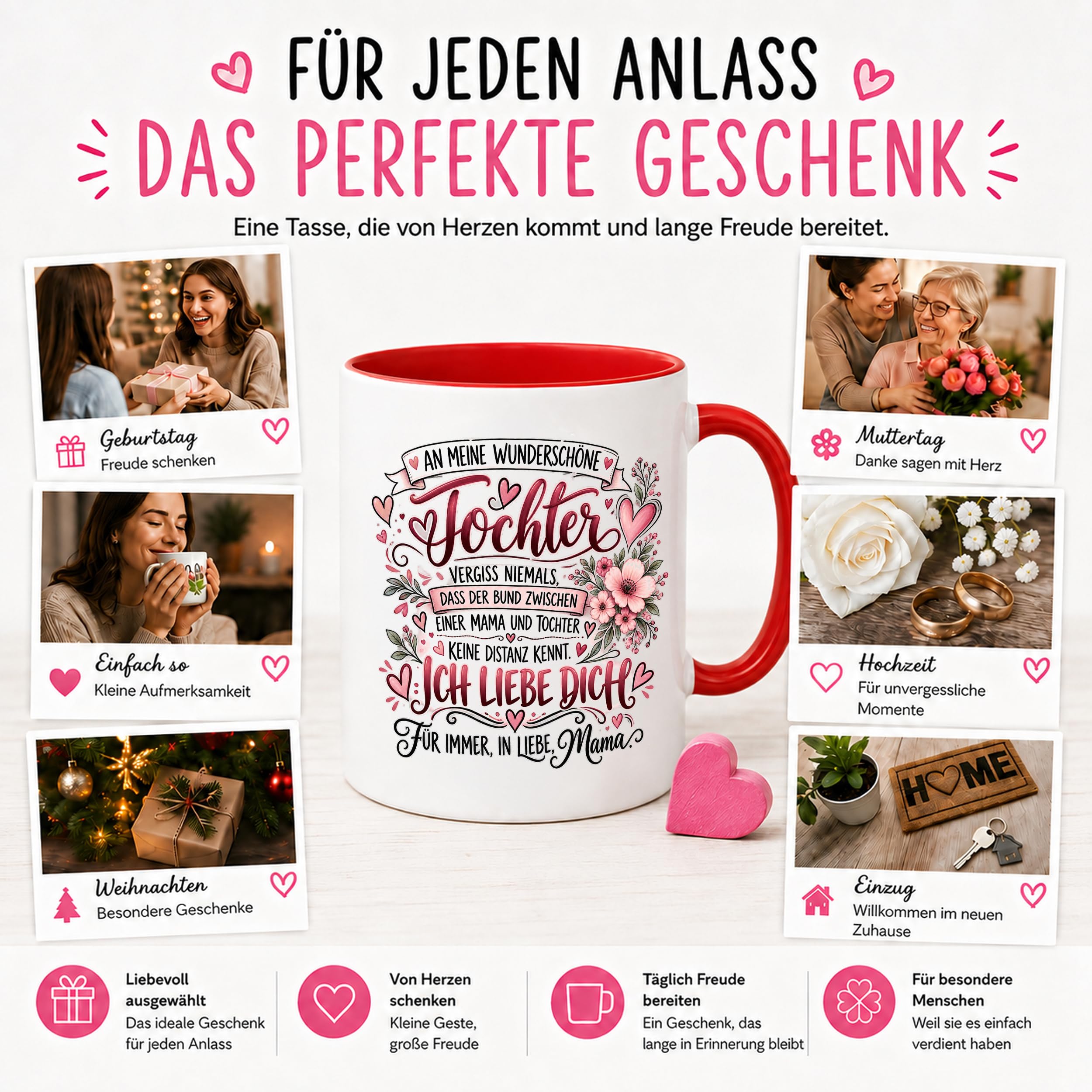Herzbotschaft Tochter Tasse Geschenk von Mama Kaffeetasse hübsche Tochter