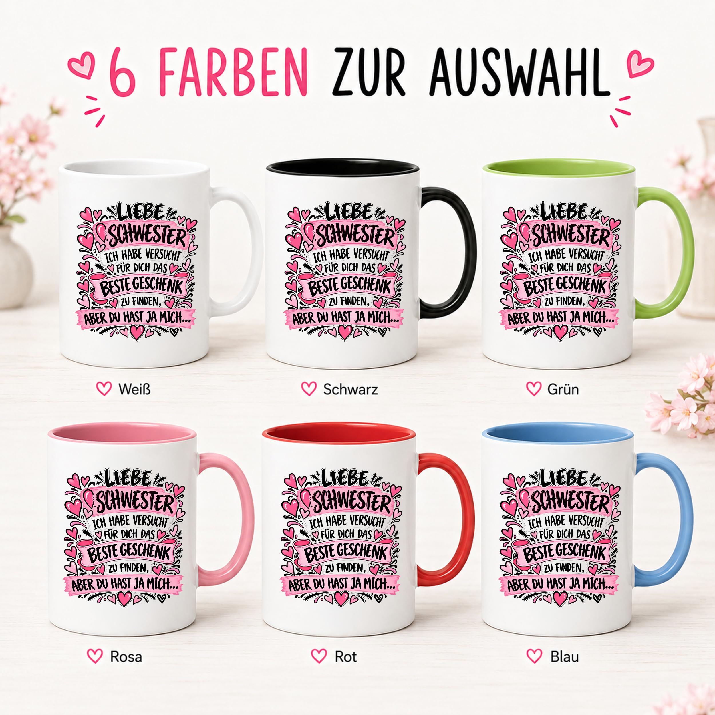 Herzbotschaft Tasse Geschenk Beste Schwester Kaffeetasse Geschwister