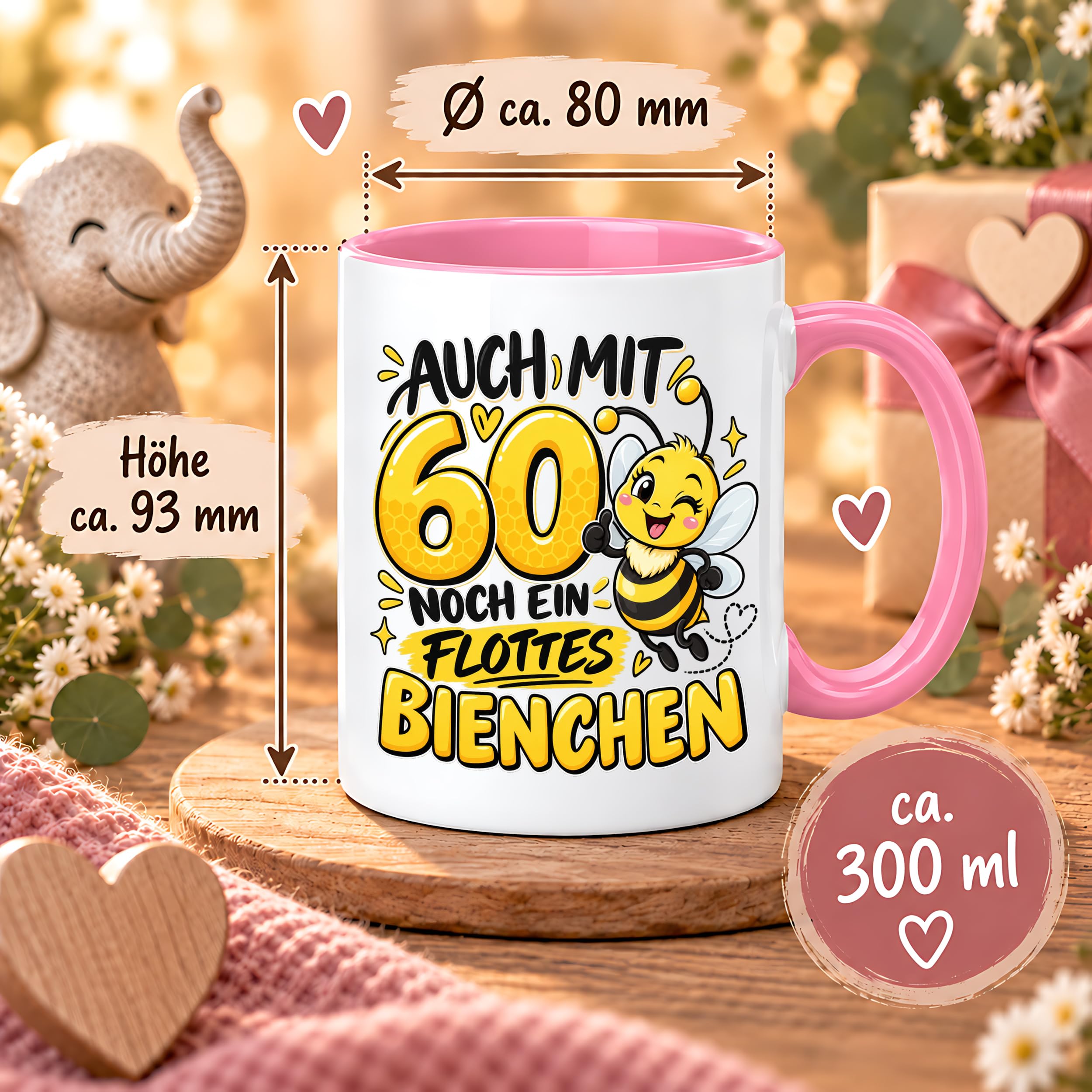 Herzbotschaft Tasse 60. Geburtstag Flottes Bienchen Geschenk für Frau
