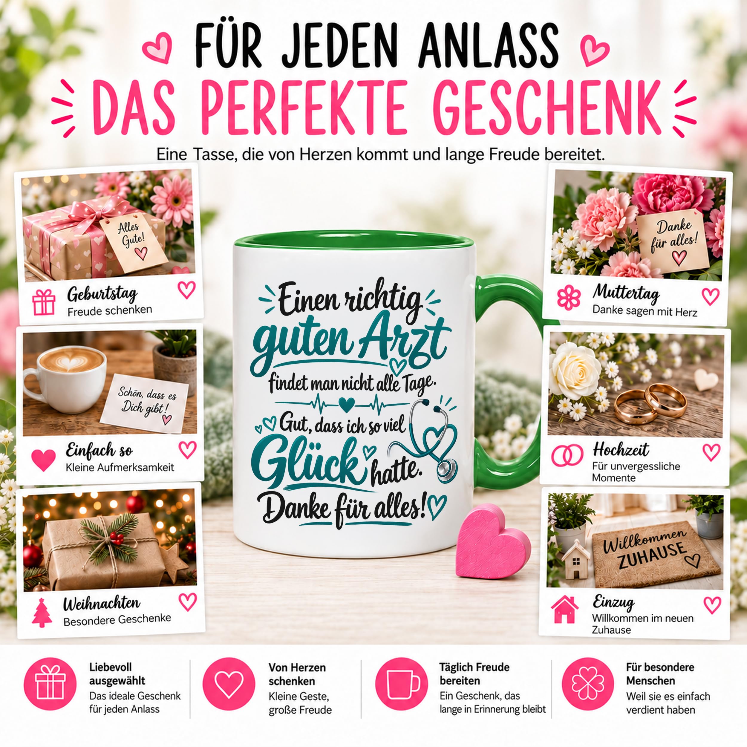 Herzbotschaft Tasse Kaffeetasse für Ärzte - Danke Geschenk für guten Arzt