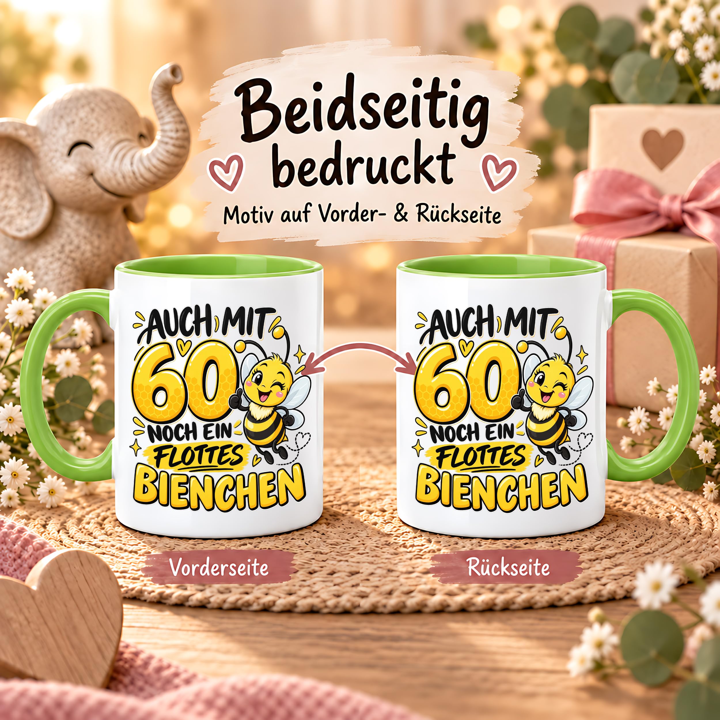 Herzbotschaft Tasse 60. Geburtstag Flottes Bienchen Geschenk für Frau