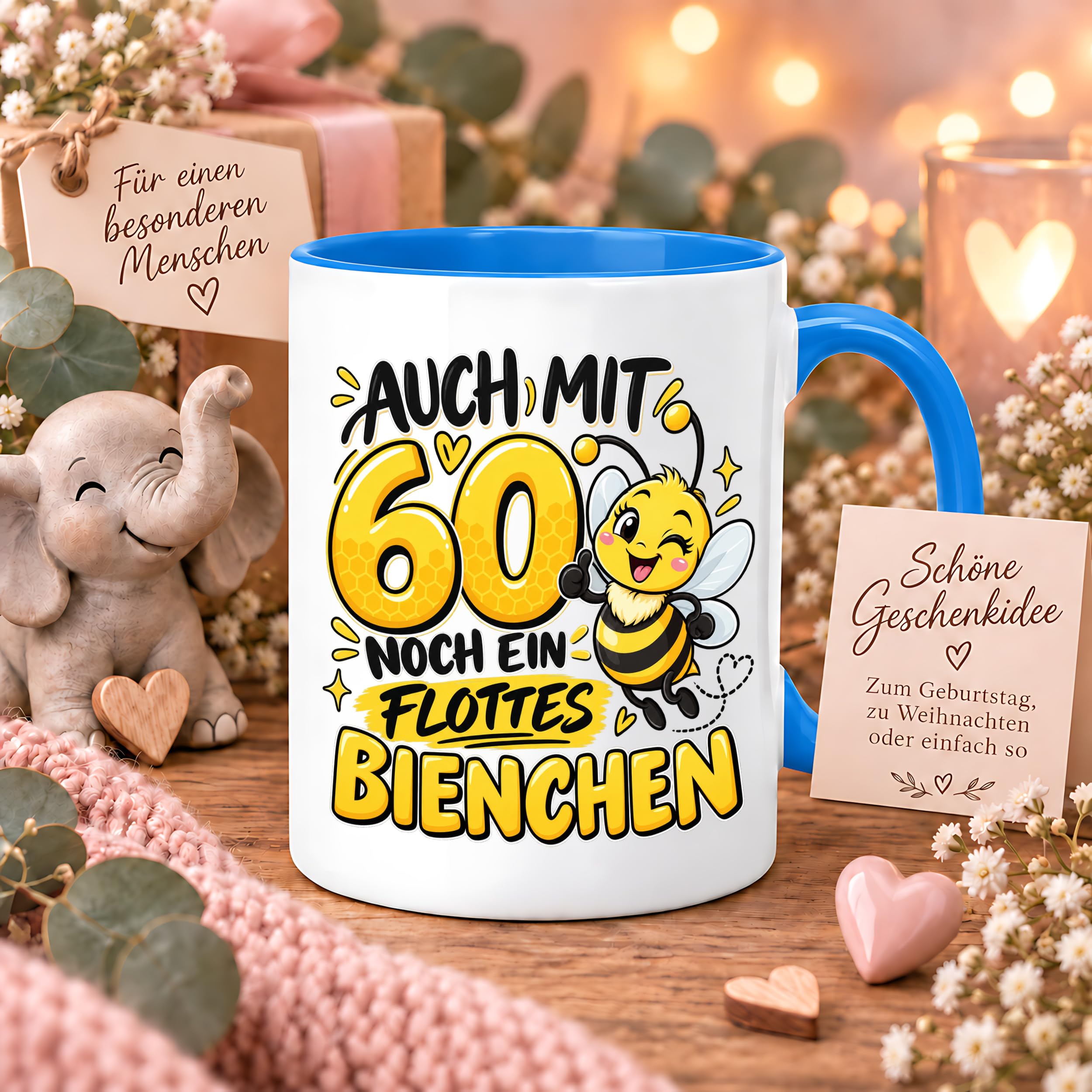 Herzbotschaft Tasse 60. Geburtstag Flottes Bienchen Geschenk für Frau