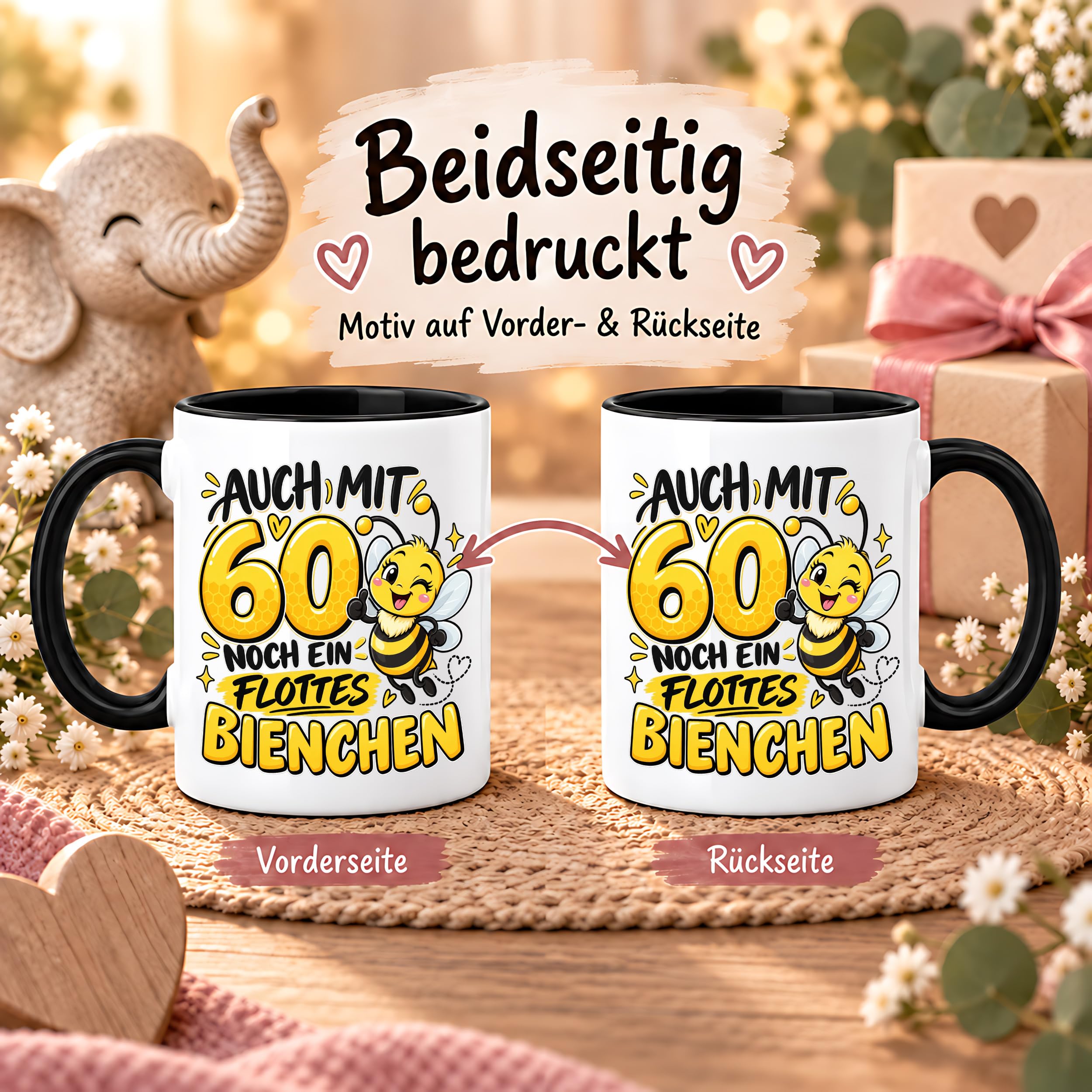 Herzbotschaft Tasse 60. Geburtstag Flottes Bienchen Geschenk für Frau