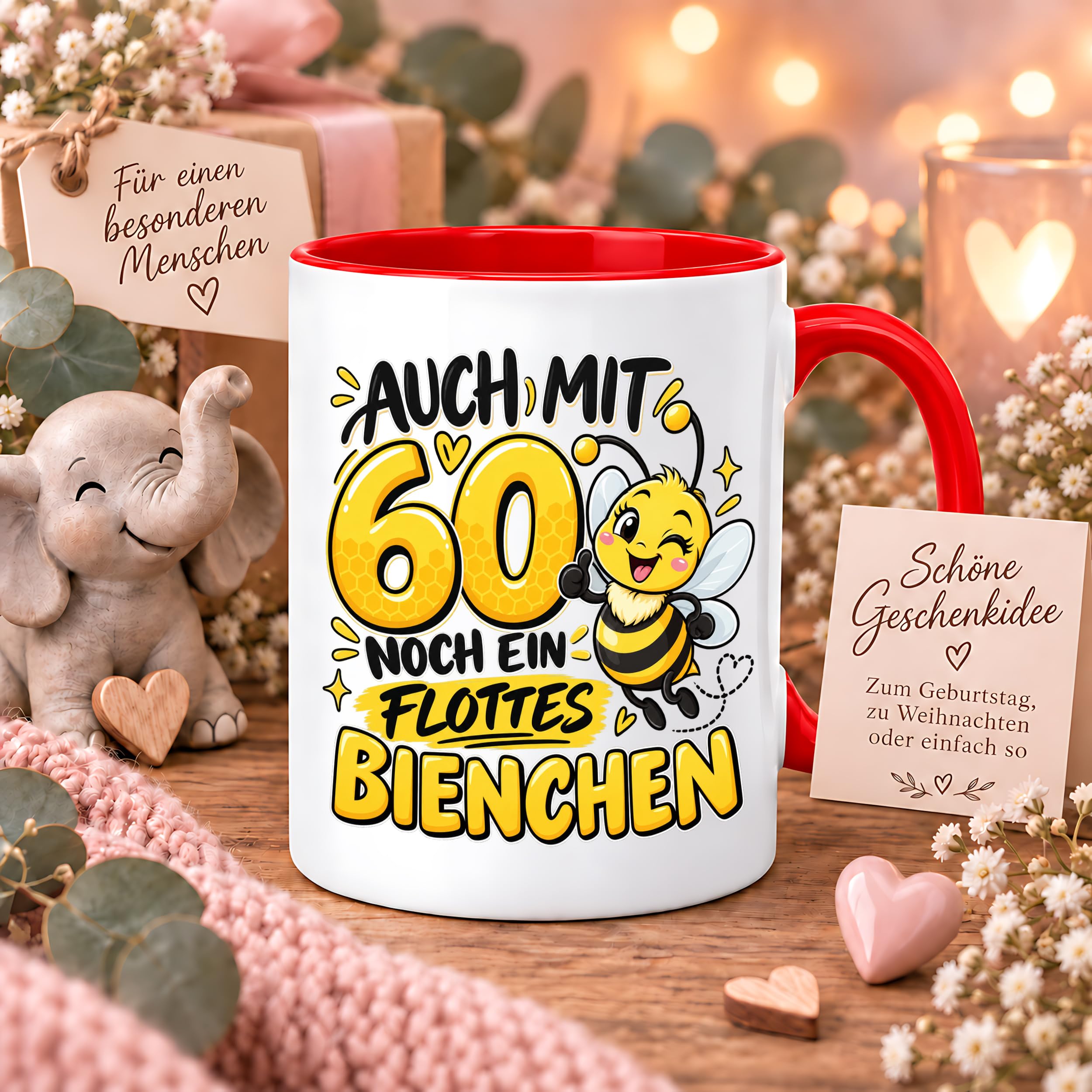 Herzbotschaft Tasse 60. Geburtstag Flottes Bienchen Geschenk für Frau