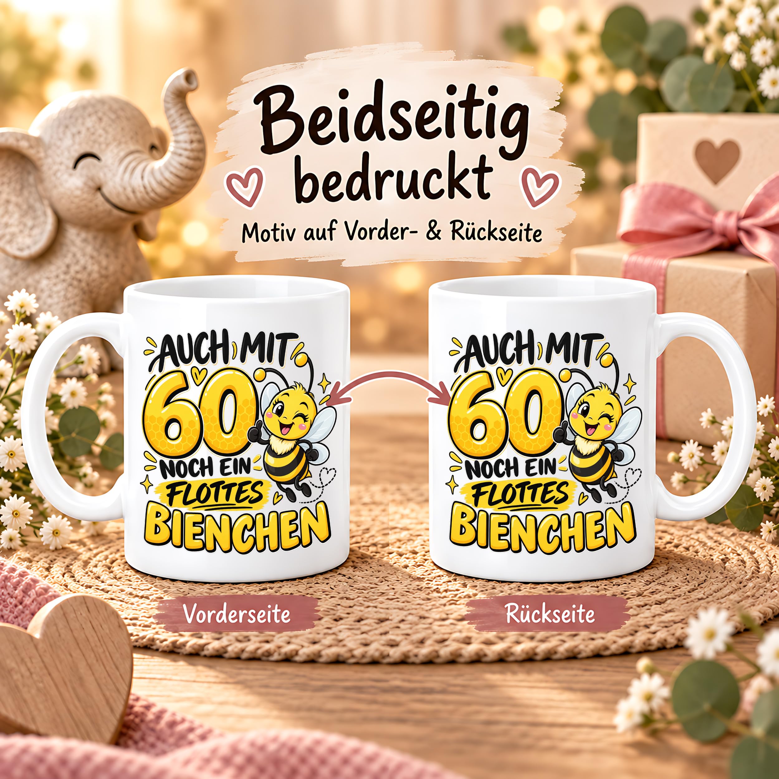 Herzbotschaft Tasse 60. Geburtstag Flottes Bienchen Geschenk für Frau