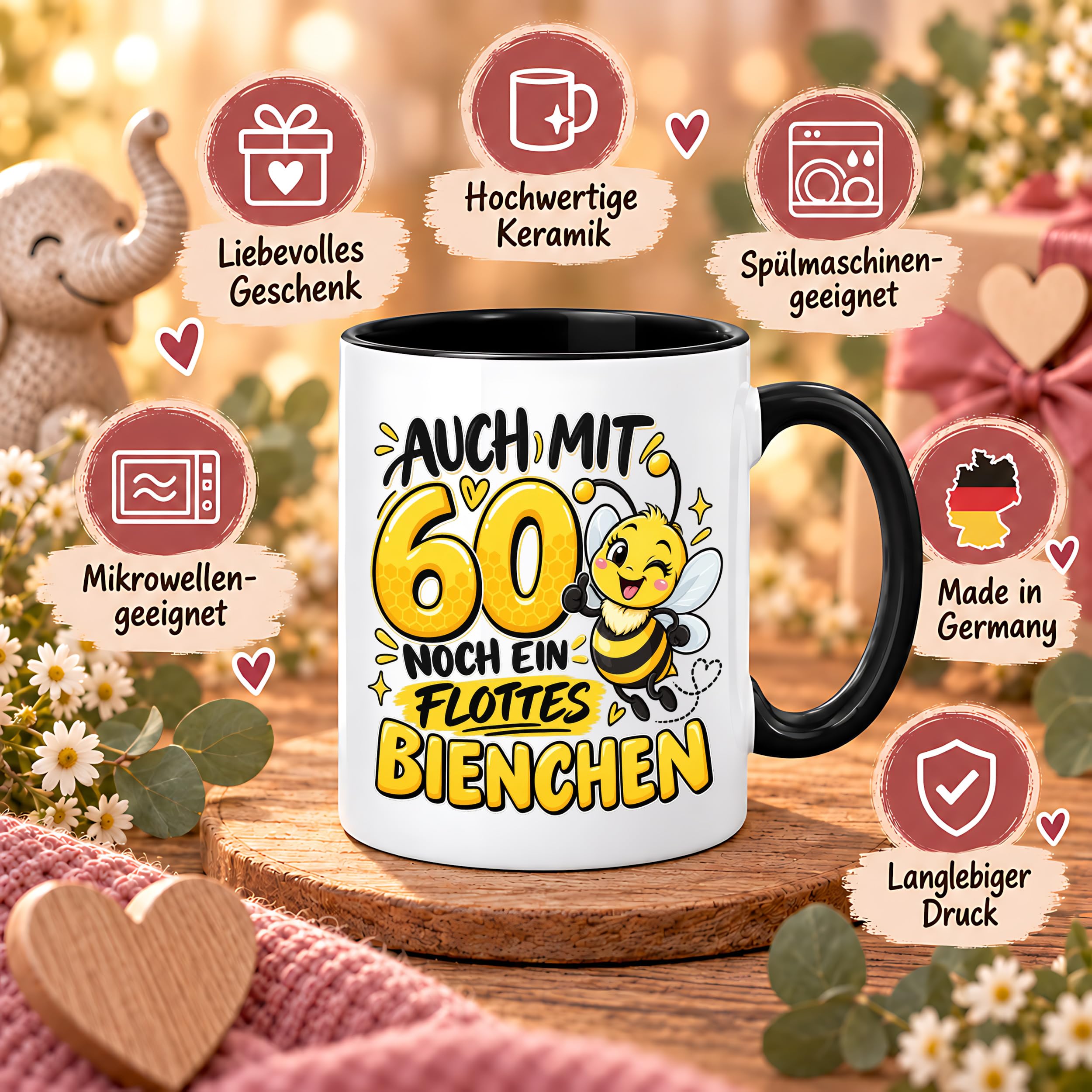 Herzbotschaft Tasse 60. Geburtstag Flottes Bienchen Geschenk für Frau