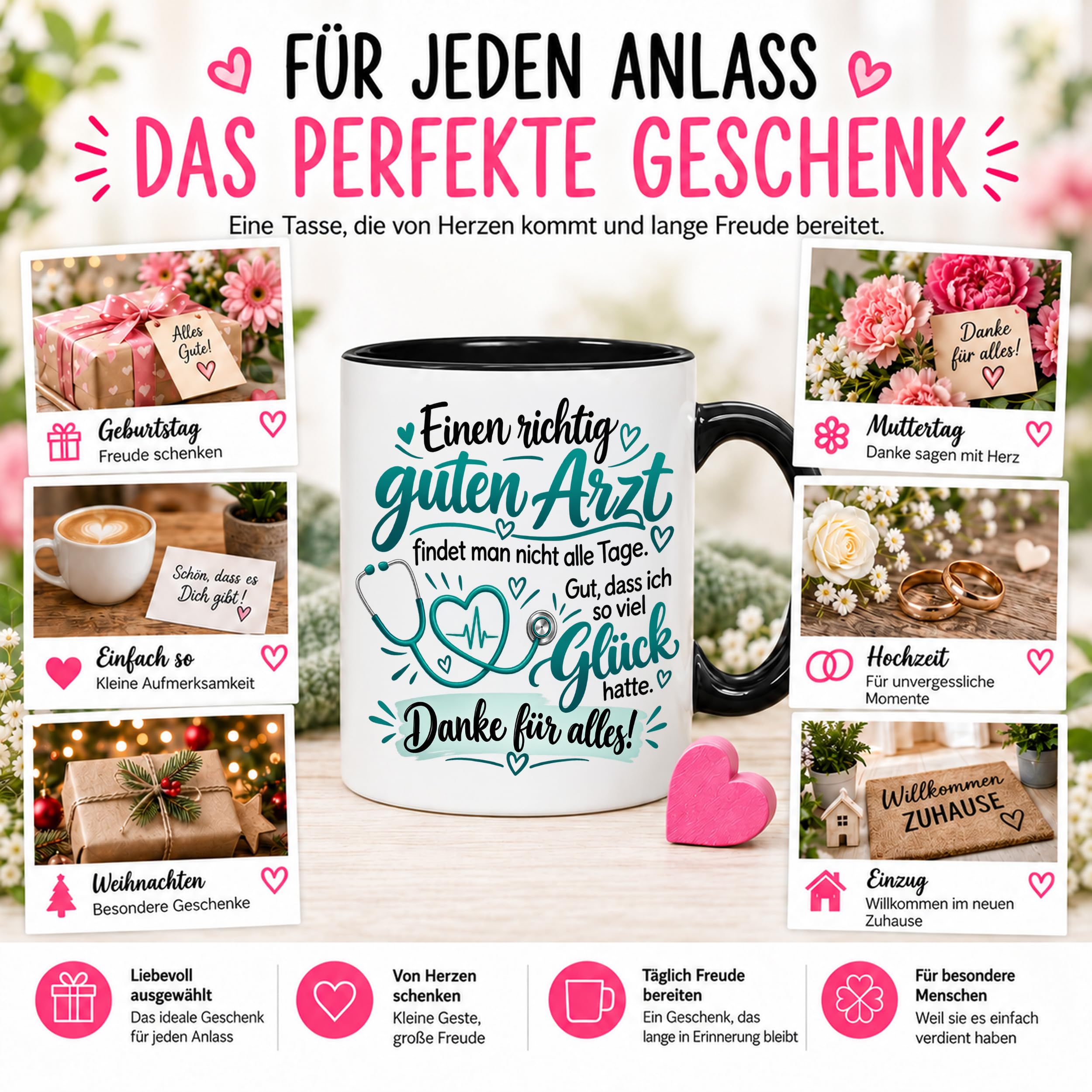 Herzbotschaft Tasse Danke Arzt Geschenk Kaffeetasse für Mediziner Praxis