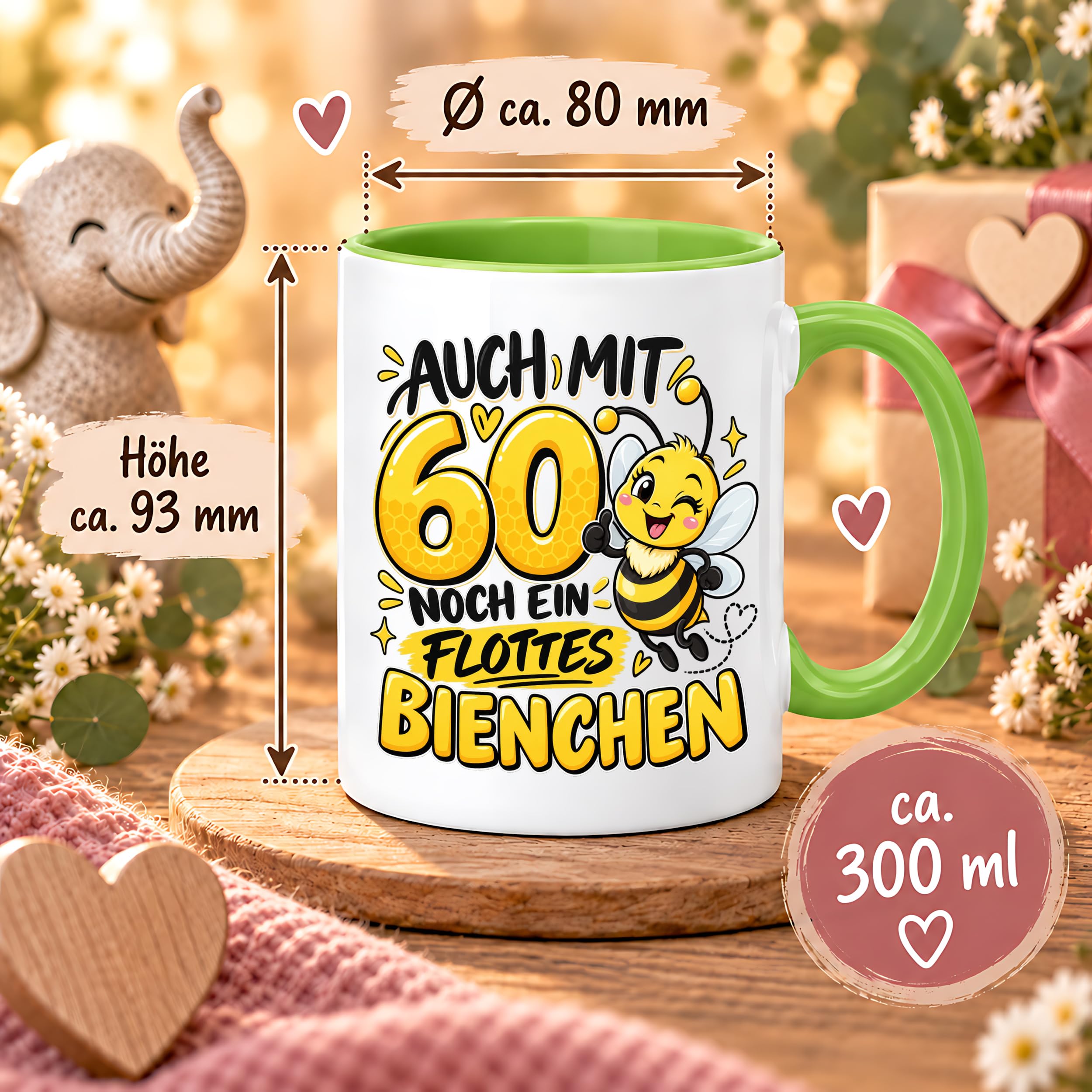Herzbotschaft Tasse 60. Geburtstag Flottes Bienchen Geschenk für Frau