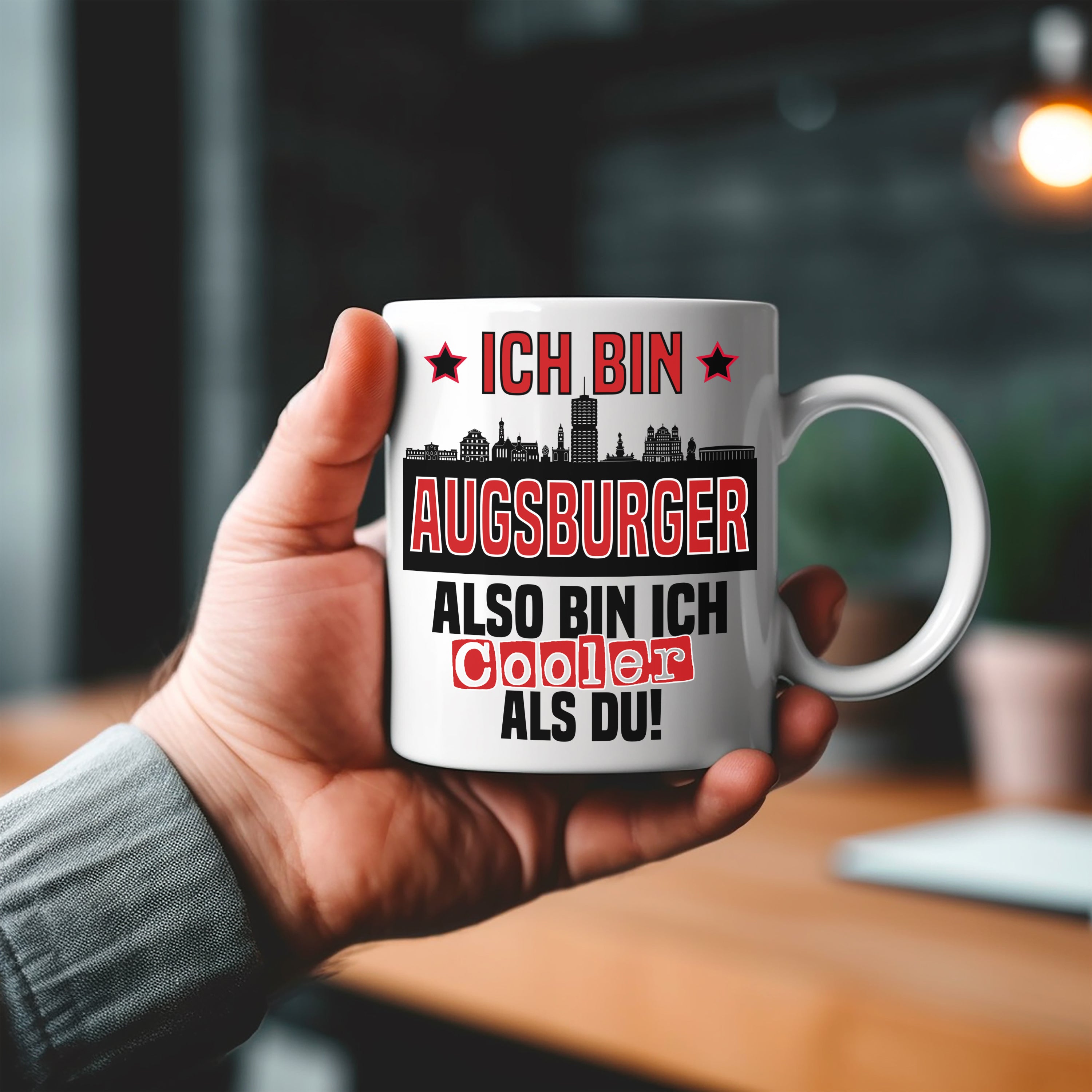 Tasse mit Motiv - Ich bin Augsburger also bin ich cooler als du! | Fußball Keramiktasse für Augsburg Fan | Skyline deiner Stadt