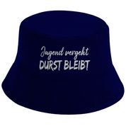 Bucket Hat mit Motiv | Jugend vergeht Durst bleibt | Mallorca Hut für Feiern und Partys Sommerhut