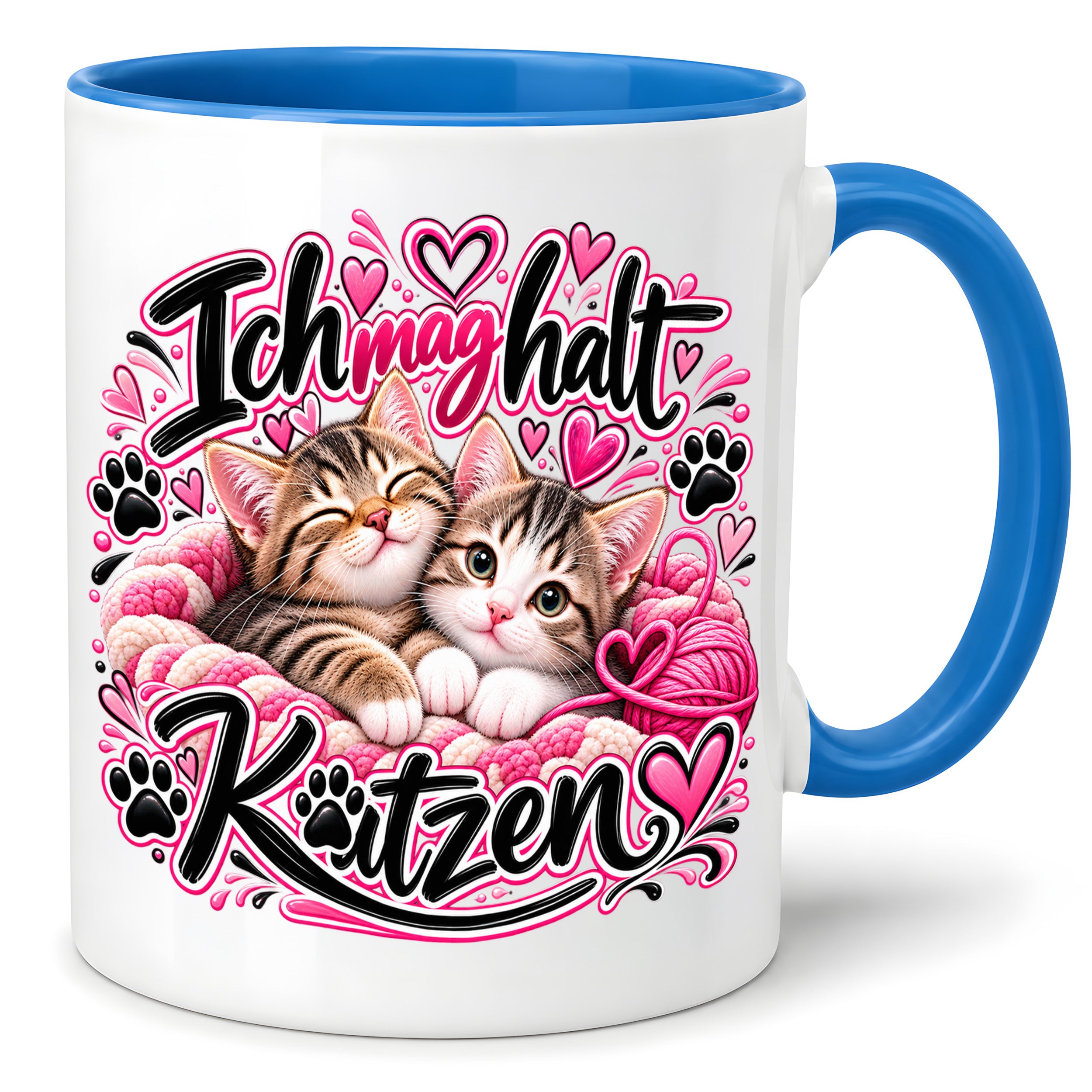 Herzbotschaft Katzen Tasse – Ich mag halt Katzen – Süße Kaffeetasse mit zwei Katzenbabys, Herzen und Pfoten – Geschenk für Katzenliebhaber, Katzenmama, Frauen und Freundin – 330 ml