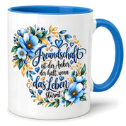Herzbotschaft Freundschaft Tasse – Freundschaft ist der Anker, der hält, wenn das Leben stürmt – Kaffeetasse mit blauen Blumen und Herzen – Geschenk für beste Freundin, Freund, BFF und Lieblingsmensch – 330 ml