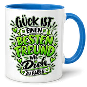 Herzbotschaft Bester Freund Tasse – Glück ist einen besten Freund wie dich zu haben – Kaffeetasse 330 ml mit Freundschaftsspruch und grünem Herz Motiv – Geschenk für besten Freund, Kumpel und Lieblingsmenschen – Freundschaft Geschenkidee