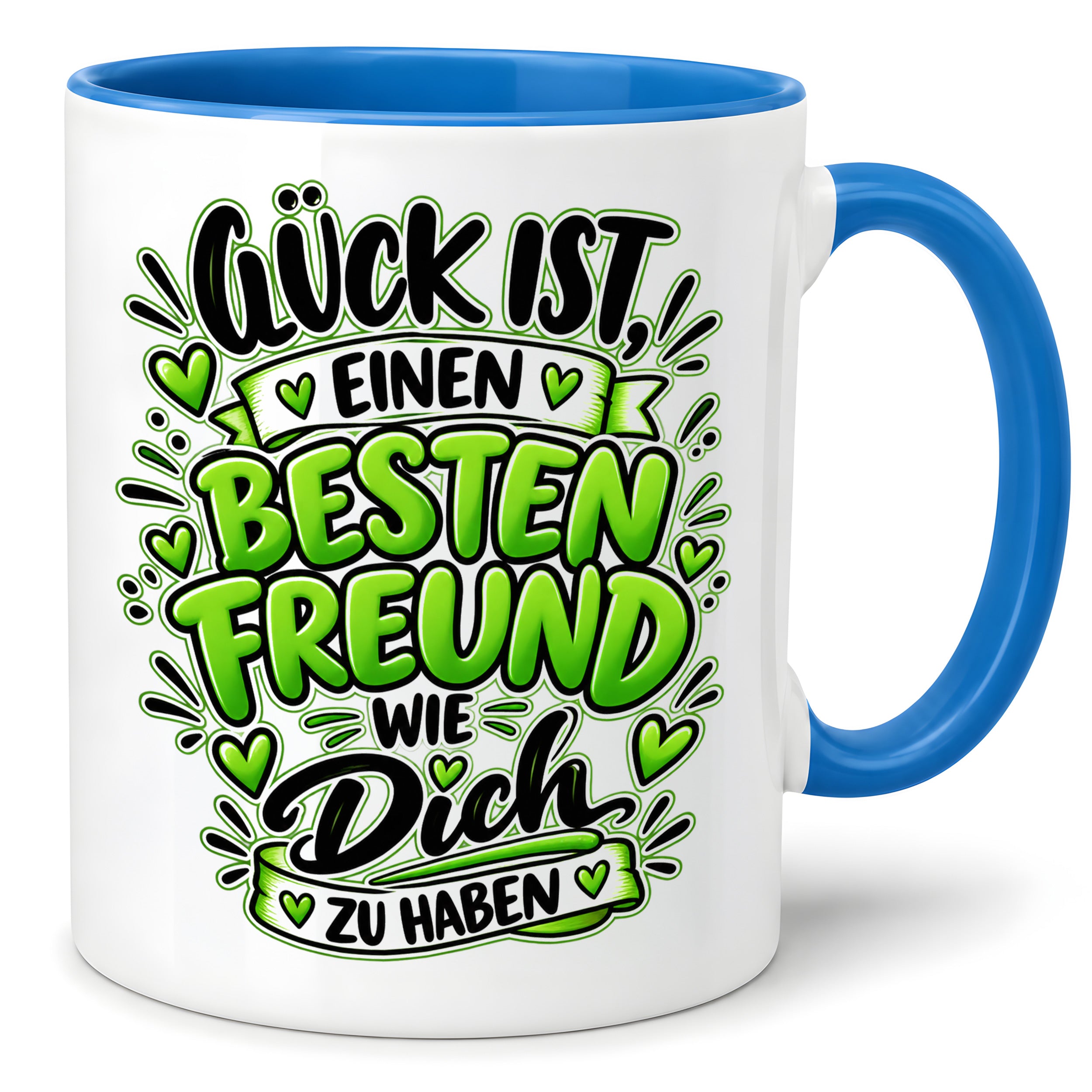 Herzbotschaft Bester Freund Tasse – Glück ist einen besten Freund wie dich zu haben – Kaffeetasse 330 ml mit Freundschaftsspruch und grünem Herz Motiv – Geschenk für besten Freund, Kumpel und Lieblingsmenschen – Freundschaft Geschenkidee