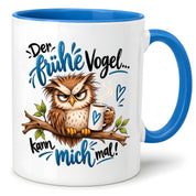 Herzbotschaft Eulen Tasse – Der frühe Vogel kann mich mal – Lustige Kaffeetasse mit mürrischer Eule und Kaffee – Geschenk für Morgenmuffel, Langschläfer, Kaffeeliebhaber, Kollegen und Freunde – 330 ml
