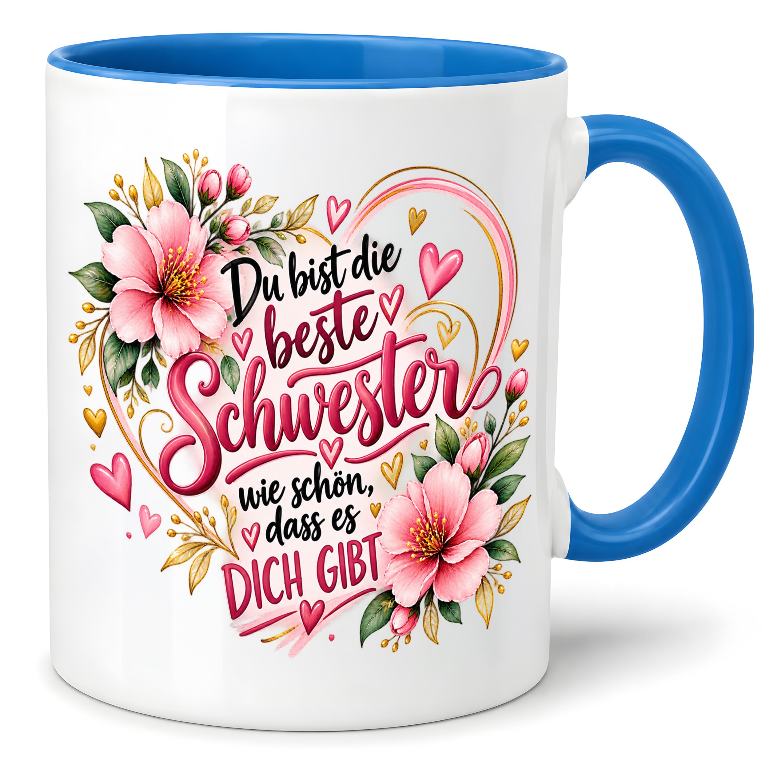 Herzbotschaft Schwester Tasse – Du bist die beste Schwester, wie schön dass es dich gibt – Kaffeetasse 330 ml mit rosa Blumen und Herzen – Geschenk für Schwester zum Geburtstag, Weihnachten, als Dankeschön oder kleine Aufmerksamkeit