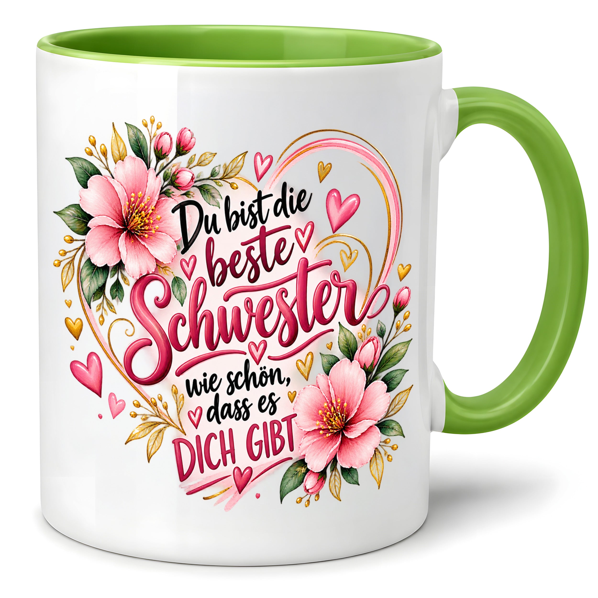Herzbotschaft Schwester Tasse – Du bist die beste Schwester, wie schön dass es dich gibt – Kaffeetasse 330 ml mit rosa Blumen und Herzen – Geschenk für Schwester zum Geburtstag, Weihnachten, als Dankeschön oder kleine Aufmerksamkeit