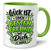Herzbotschaft Bester Freund Tasse – Glück ist einen besten Freund wie dich zu haben – Kaffeetasse 330 ml mit Freundschaftsspruch und grünem Herz Motiv – Geschenk für besten Freund, Kumpel und Lieblingsmenschen – Freundschaft Geschenkidee