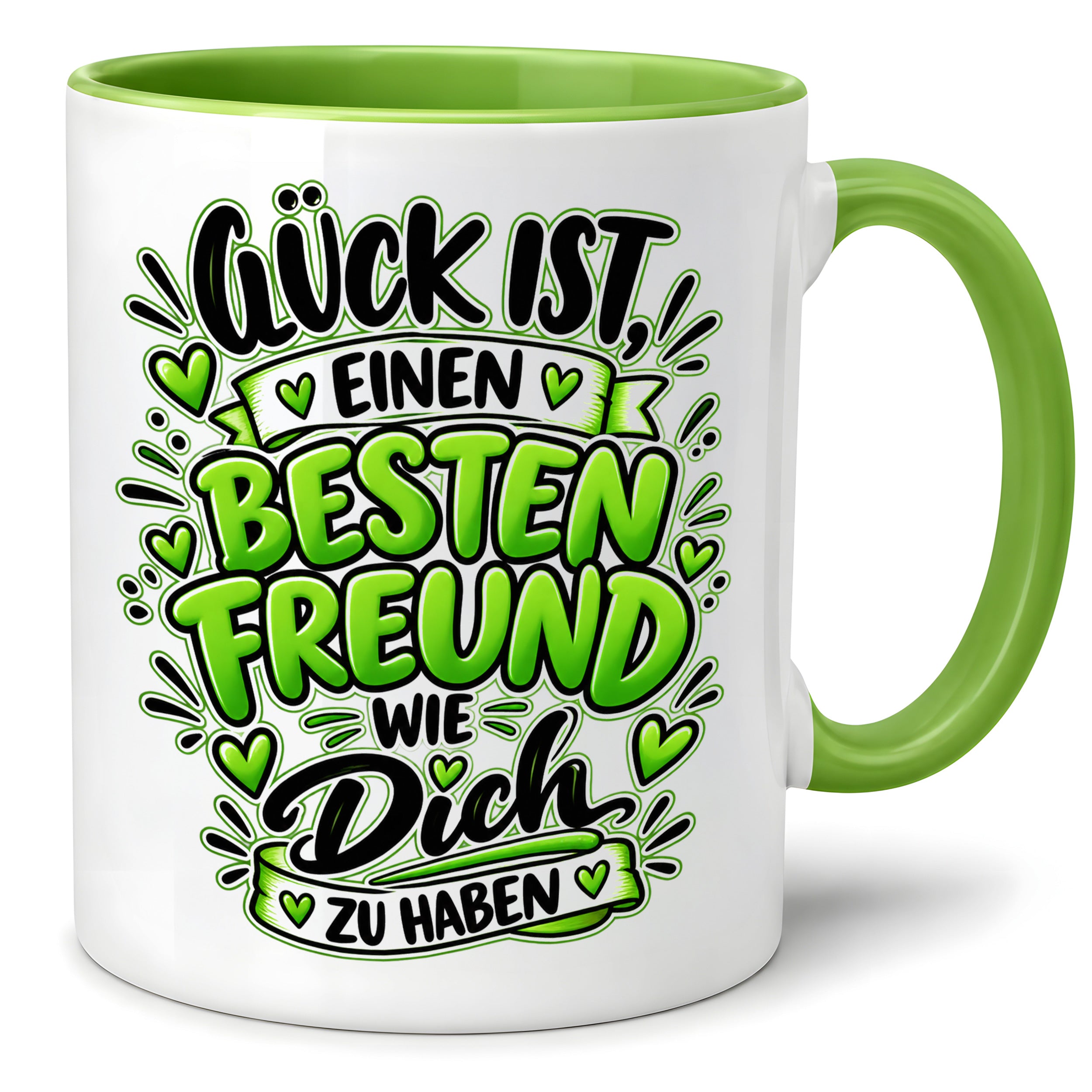 Herzbotschaft Bester Freund Tasse – Glück ist einen besten Freund wie dich zu haben – Kaffeetasse 330 ml mit Freundschaftsspruch und grünem Herz Motiv – Geschenk für besten Freund, Kumpel und Lieblingsmenschen – Freundschaft Geschenkidee