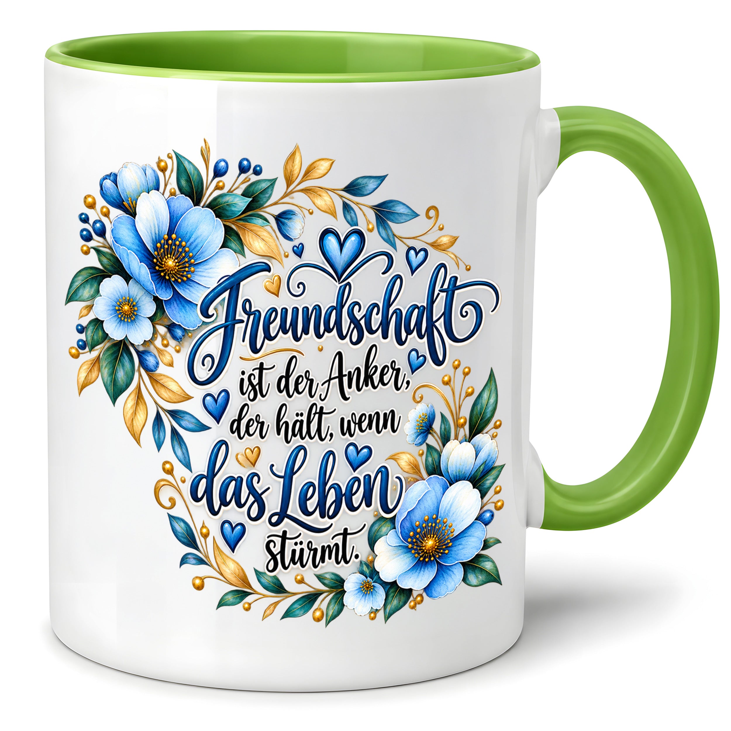 Herzbotschaft Freundschaft Tasse – Freundschaft ist der Anker, der hält, wenn das Leben stürmt – Kaffeetasse mit blauen Blumen und Herzen – Geschenk für beste Freundin, Freund, BFF und Lieblingsmensch – 330 ml
