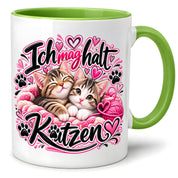 Herzbotschaft Katzen Tasse – Ich mag halt Katzen – Süße Kaffeetasse mit zwei Katzenbabys, Herzen und Pfoten – Geschenk für Katzenliebhaber, Katzenmama, Frauen und Freundin – 330 ml