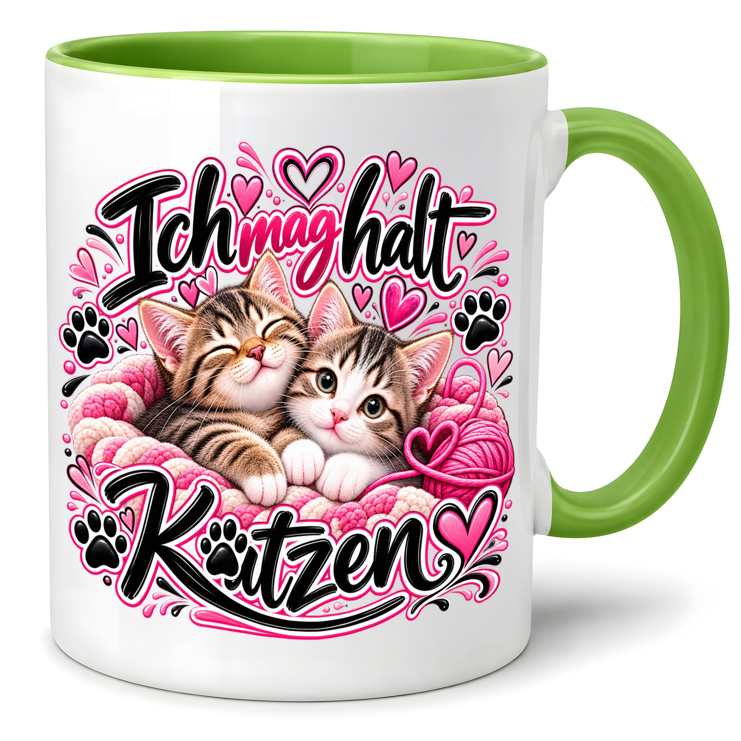 Herzbotschaft Katzen Tasse – Ich mag halt Katzen – Süße Kaffeetasse mit zwei Katzenbabys, Herzen und Pfoten – Geschenk für Katzenliebhaber, Katzenmama, Frauen und Freundin – 330 ml