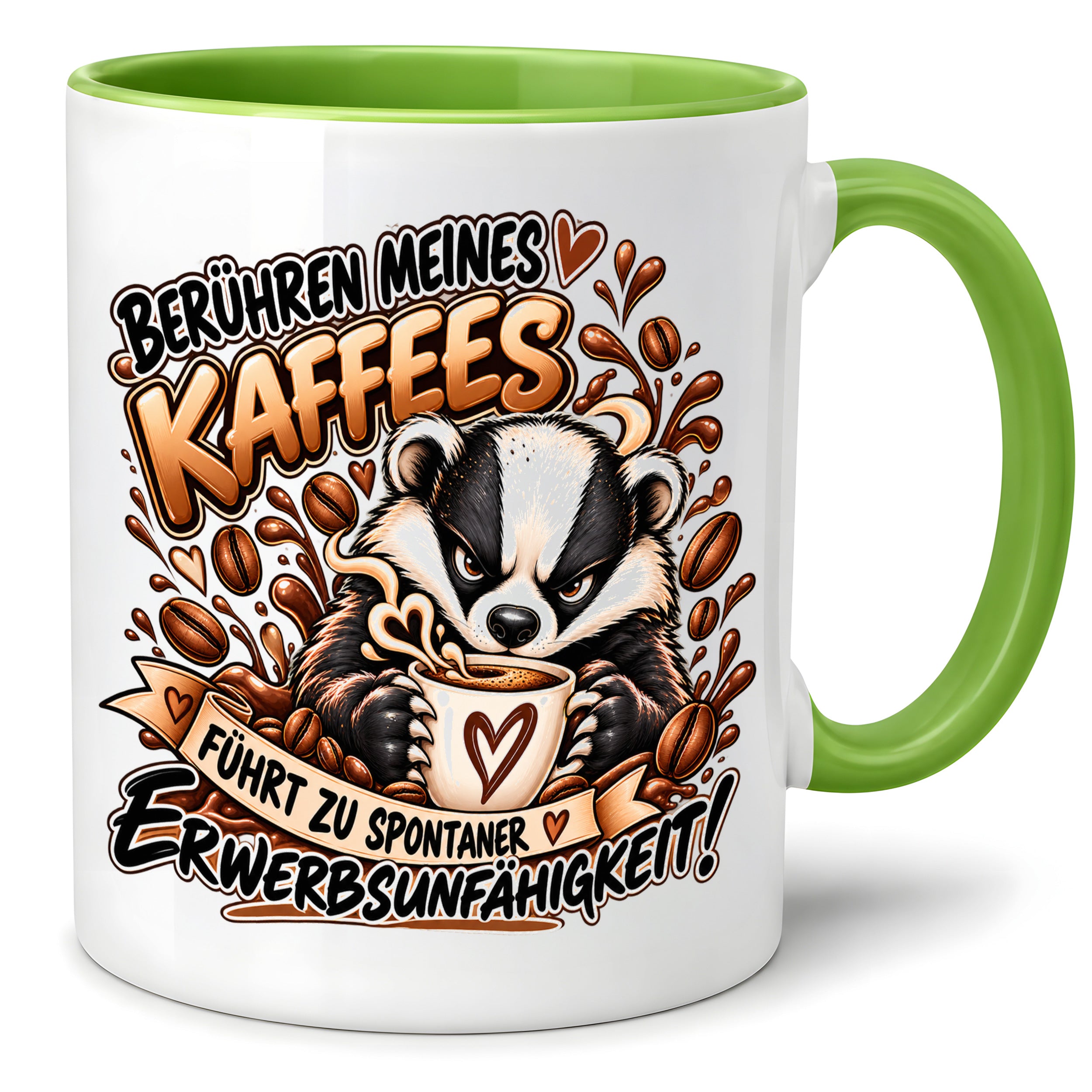 Herzbotschaft Dachs Tasse – Berühren meines Kaffees führt zu spontaner Erwerbsunfähigkeit – Lustige Kaffeetasse mit frechem Dachs Motiv – Geschenk für Kaffeeliebhaber, Kollegen und Büro – 330 ml