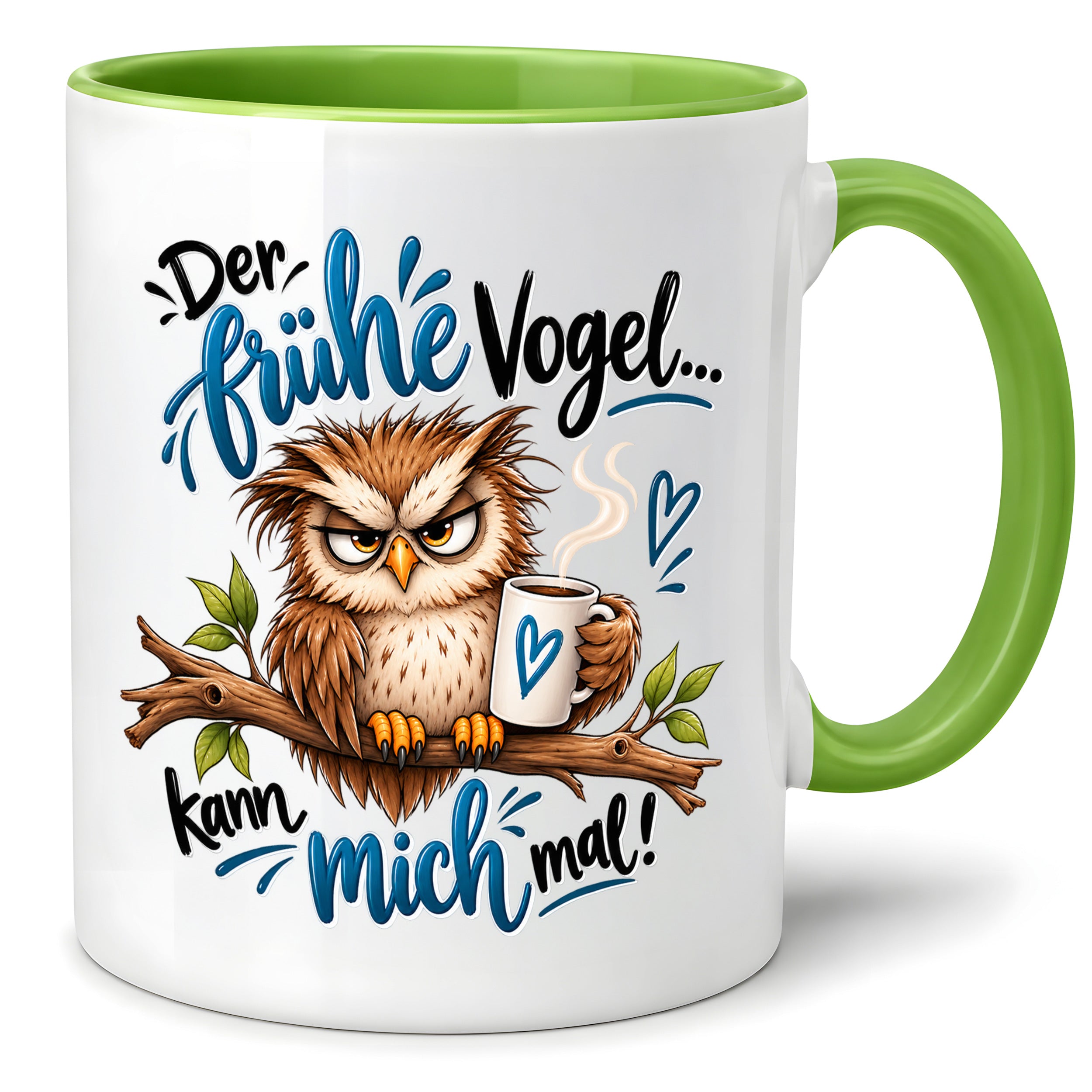 Herzbotschaft Eulen Tasse – Der frühe Vogel kann mich mal – Lustige Kaffeetasse mit mürrischer Eule und Kaffee – Geschenk für Morgenmuffel, Langschläfer, Kaffeeliebhaber, Kollegen und Freunde – 330 ml