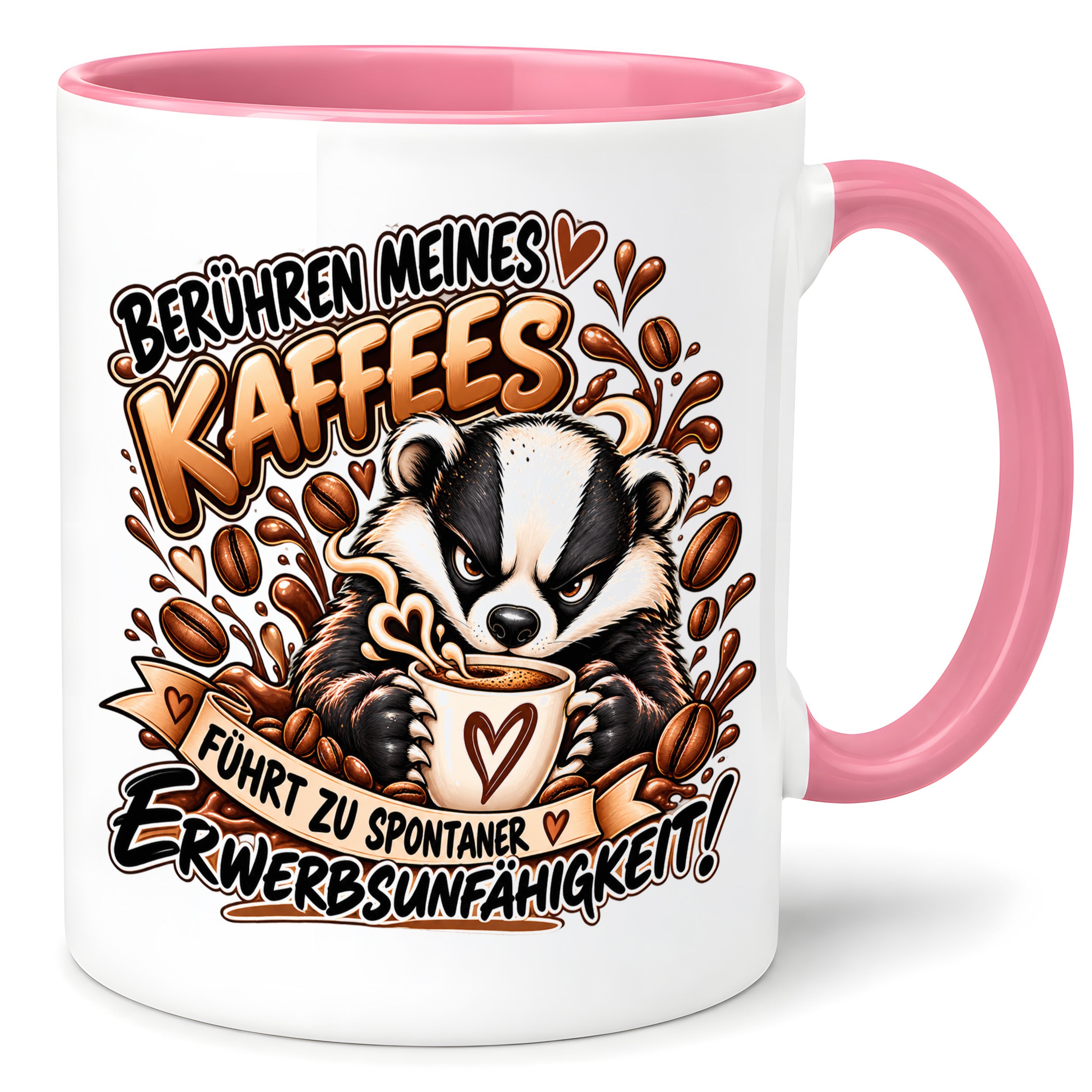 Herzbotschaft Dachs Tasse – Berühren meines Kaffees führt zu spontaner Erwerbsunfähigkeit – Lustige Kaffeetasse mit frechem Dachs Motiv – Geschenk für Kaffeeliebhaber, Kollegen und Büro – 330 ml