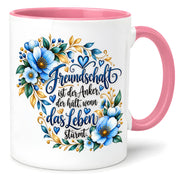 Herzbotschaft Freundschaft Tasse – Freundschaft ist der Anker, der hält, wenn das Leben stürmt – Kaffeetasse mit blauen Blumen und Herzen – Geschenk für beste Freundin, Freund, BFF und Lieblingsmensch – 330 ml