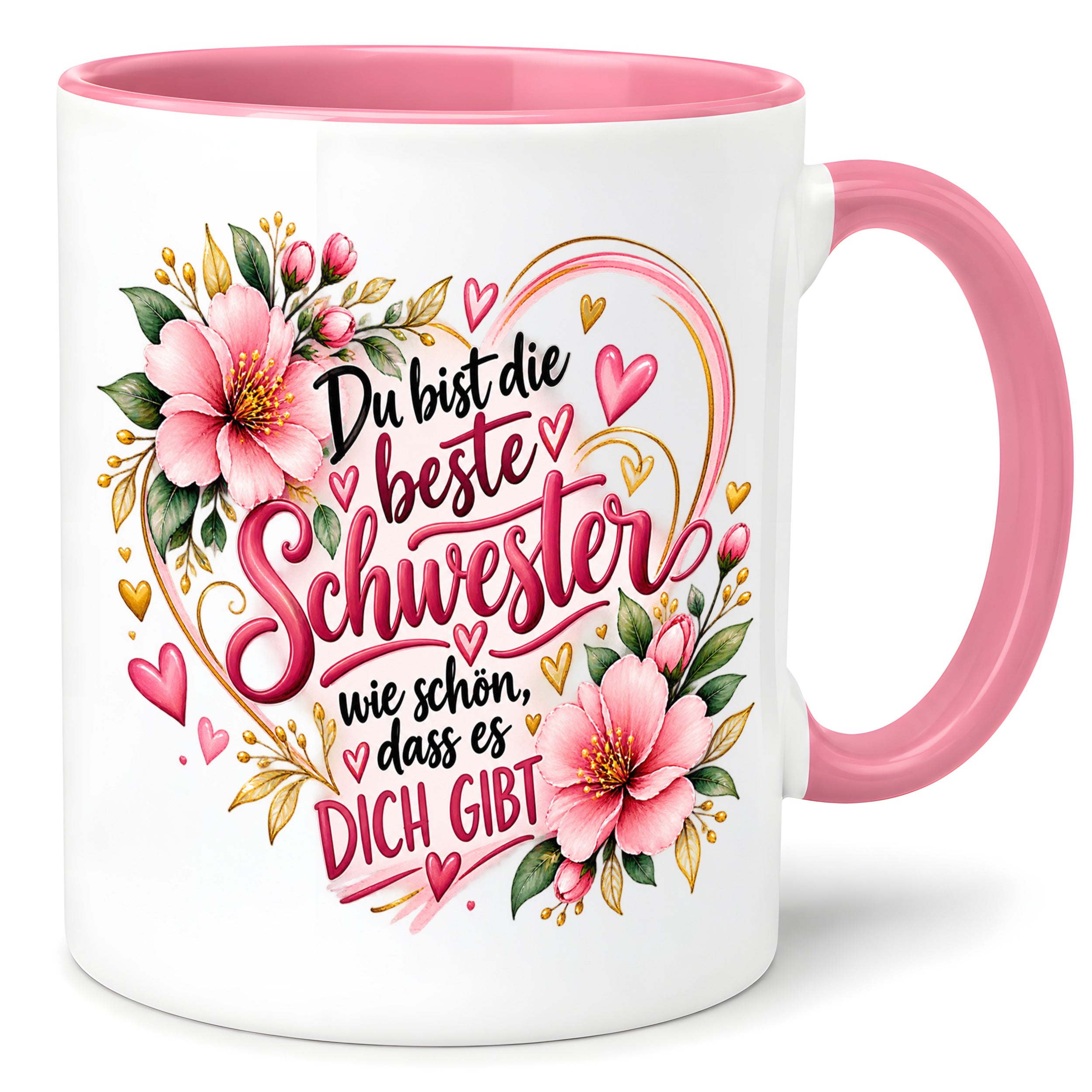 Herzbotschaft Schwester Tasse – Du bist die beste Schwester, wie schön dass es dich gibt – Kaffeetasse 330 ml mit rosa Blumen und Herzen – Geschenk für Schwester zum Geburtstag, Weihnachten, als Dankeschön oder kleine Aufmerksamkeit