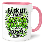 Herzbotschaft Bester Freund Tasse – Glück ist einen besten Freund wie dich zu haben – Kaffeetasse 330 ml mit Freundschaftsspruch und grünem Herz Motiv – Geschenk für besten Freund, Kumpel und Lieblingsmenschen – Freundschaft Geschenkidee