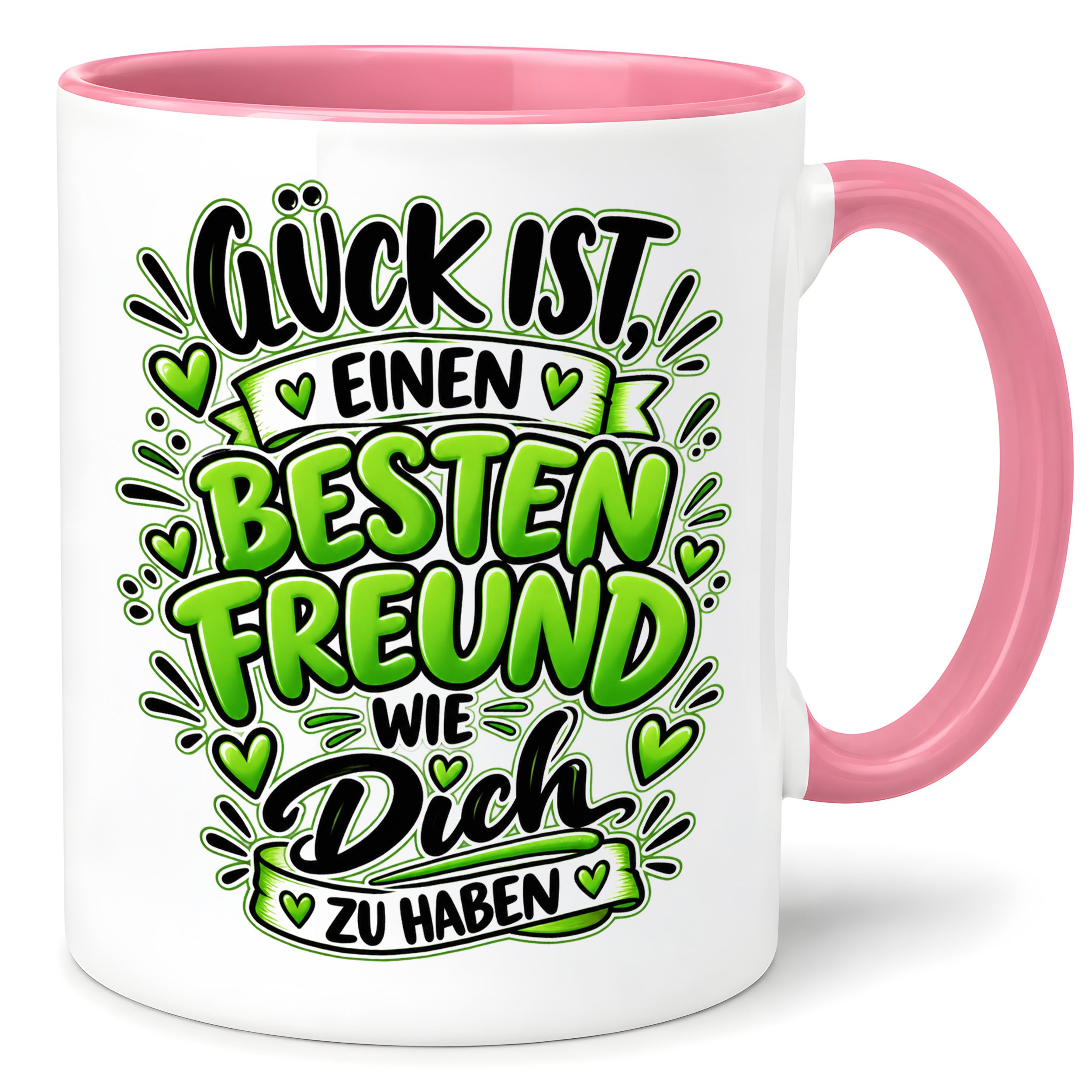 Herzbotschaft Bester Freund Tasse – Glück ist einen besten Freund wie dich zu haben – Kaffeetasse 330 ml mit Freundschaftsspruch und grünem Herz Motiv – Geschenk für besten Freund, Kumpel und Lieblingsmenschen – Freundschaft Geschenkidee